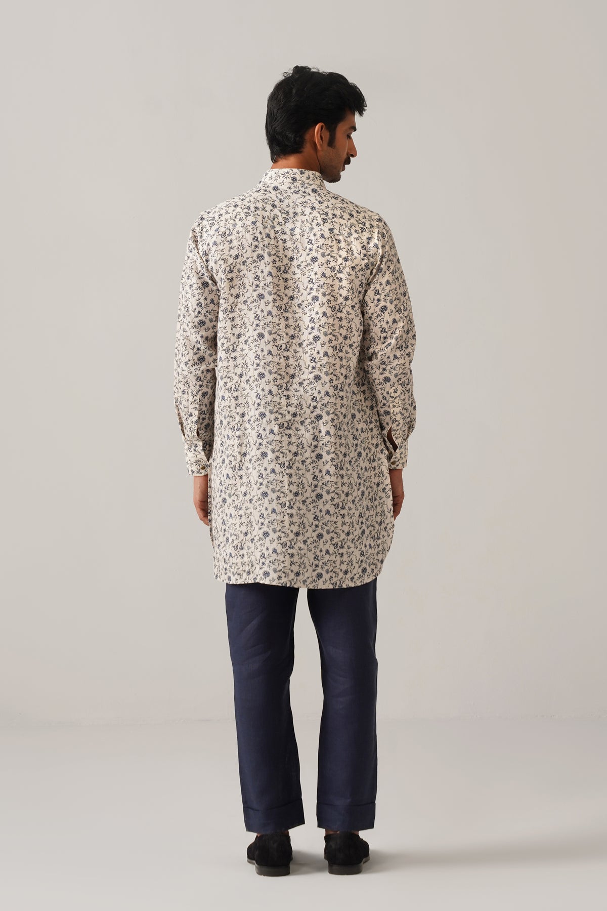 Shehzada Style Blue Floral Linen Kurta