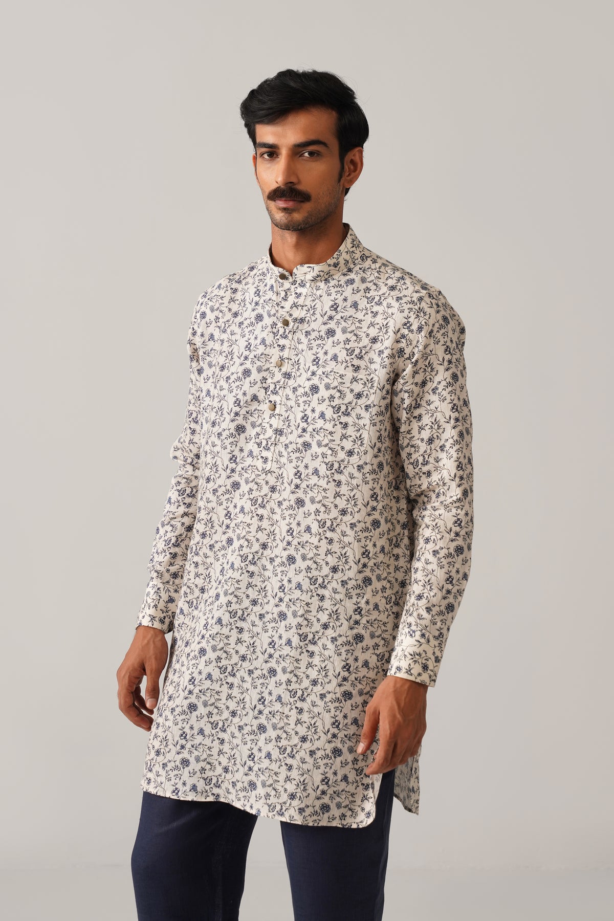 Shehzada Style Blue Floral Linen Kurta