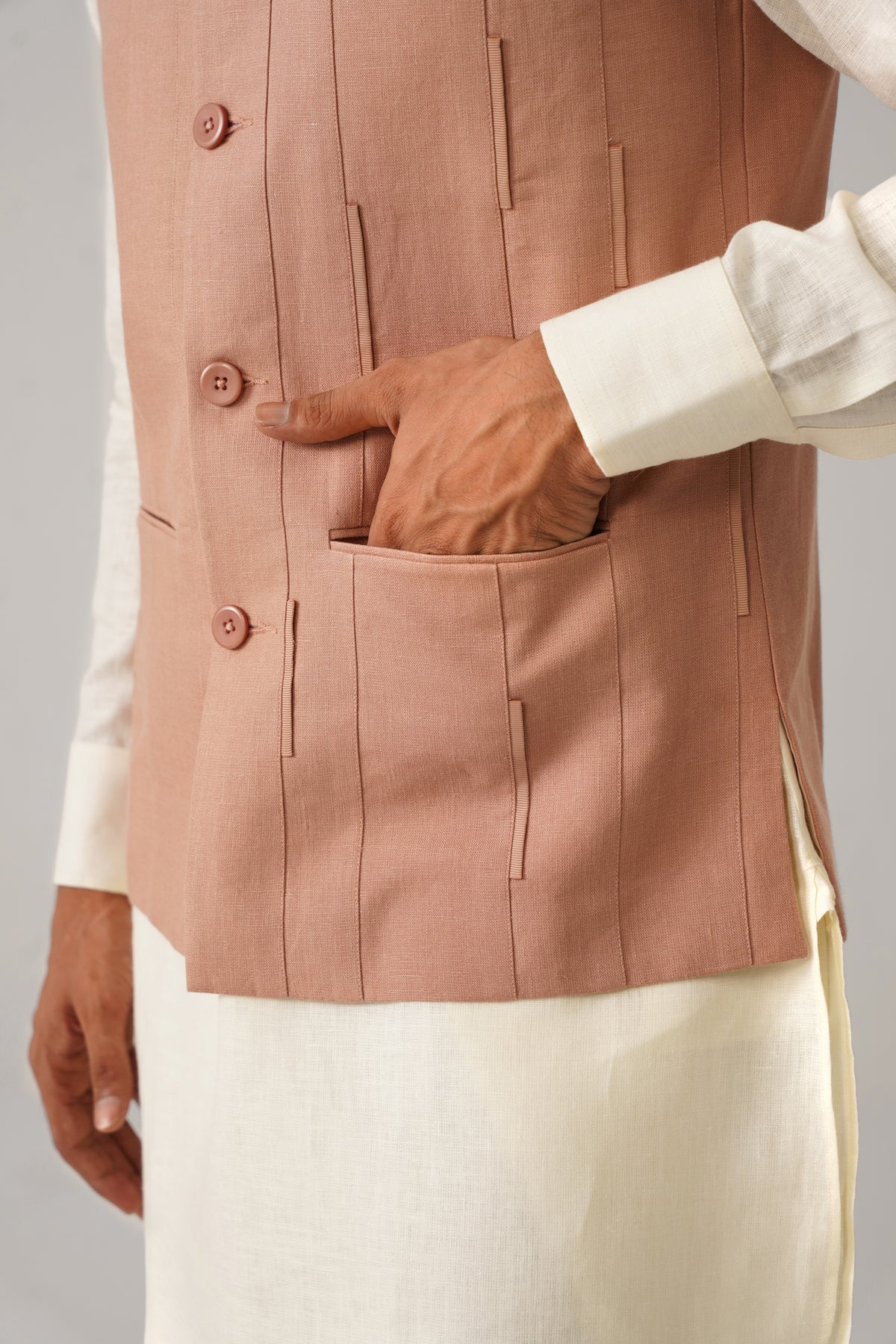 The Darbaar Light Coral Linen Nehru Jacket