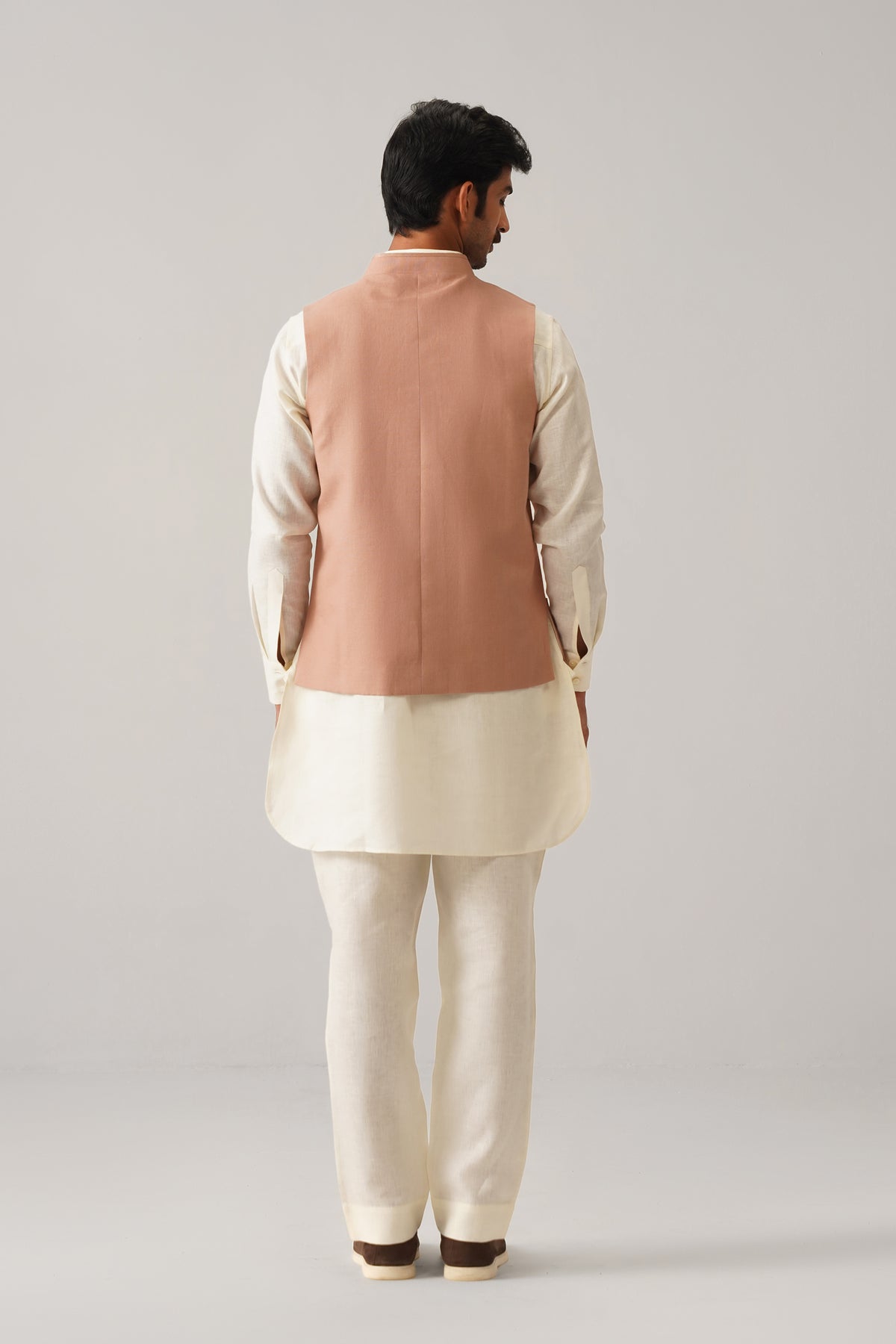 The Darbaar Light Coral Linen Nehru Jacket