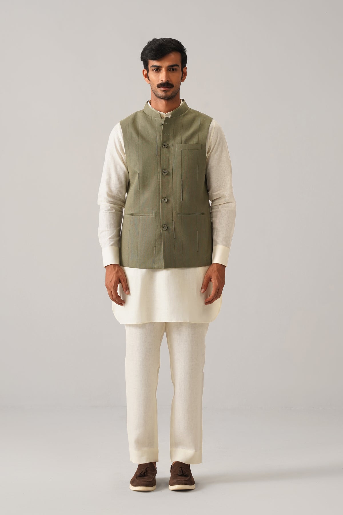 The Darbaar Sage Green Linen Nehru Jacket