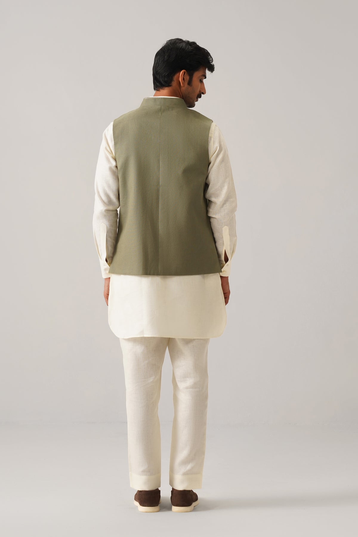 The Darbaar Sage Green Linen Nehru Jacket