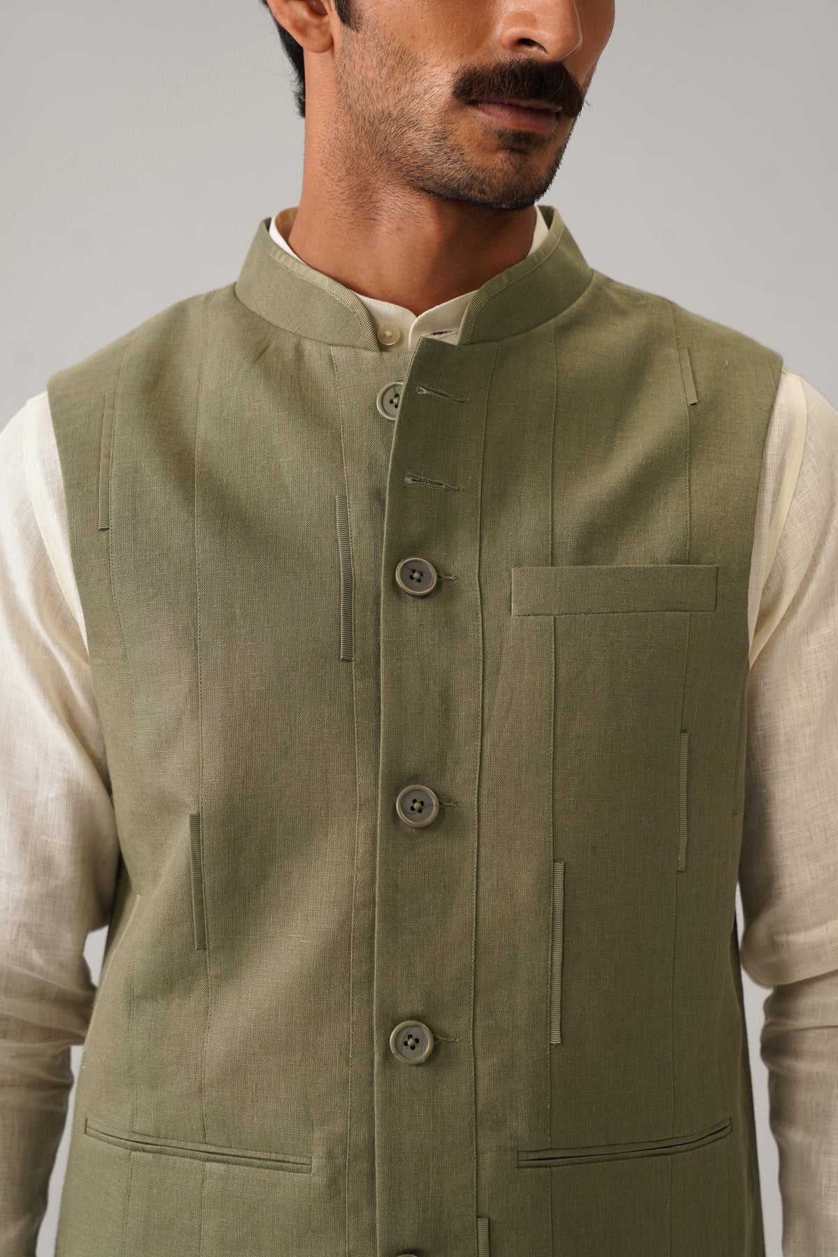The Darbaar Sage Green Linen Nehru Jacket