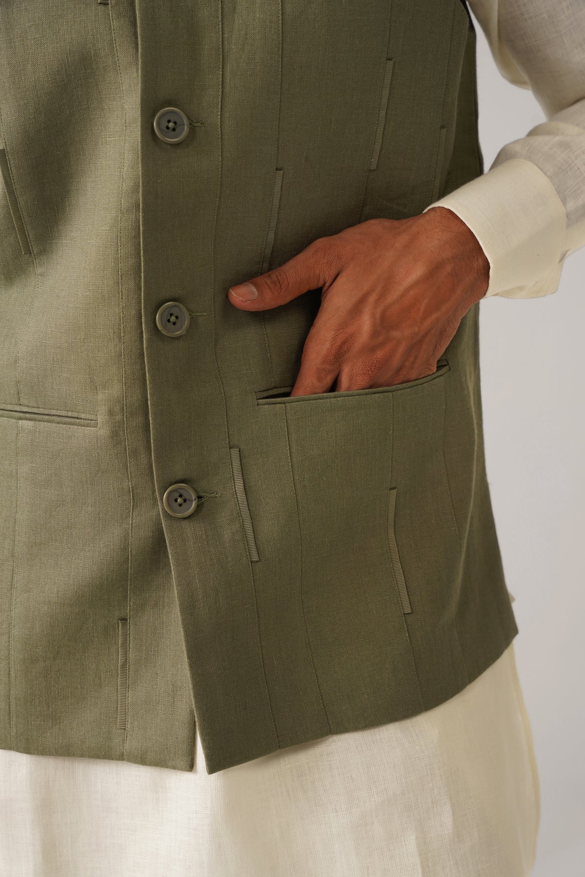 The Darbaar Sage Green Linen Nehru Jacket