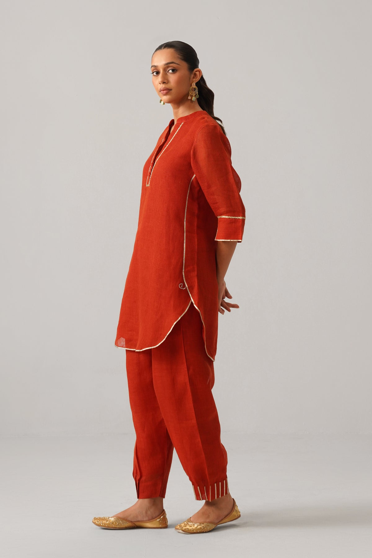 Patola Poise Burnt Orange Gauze Linen Kurta Set