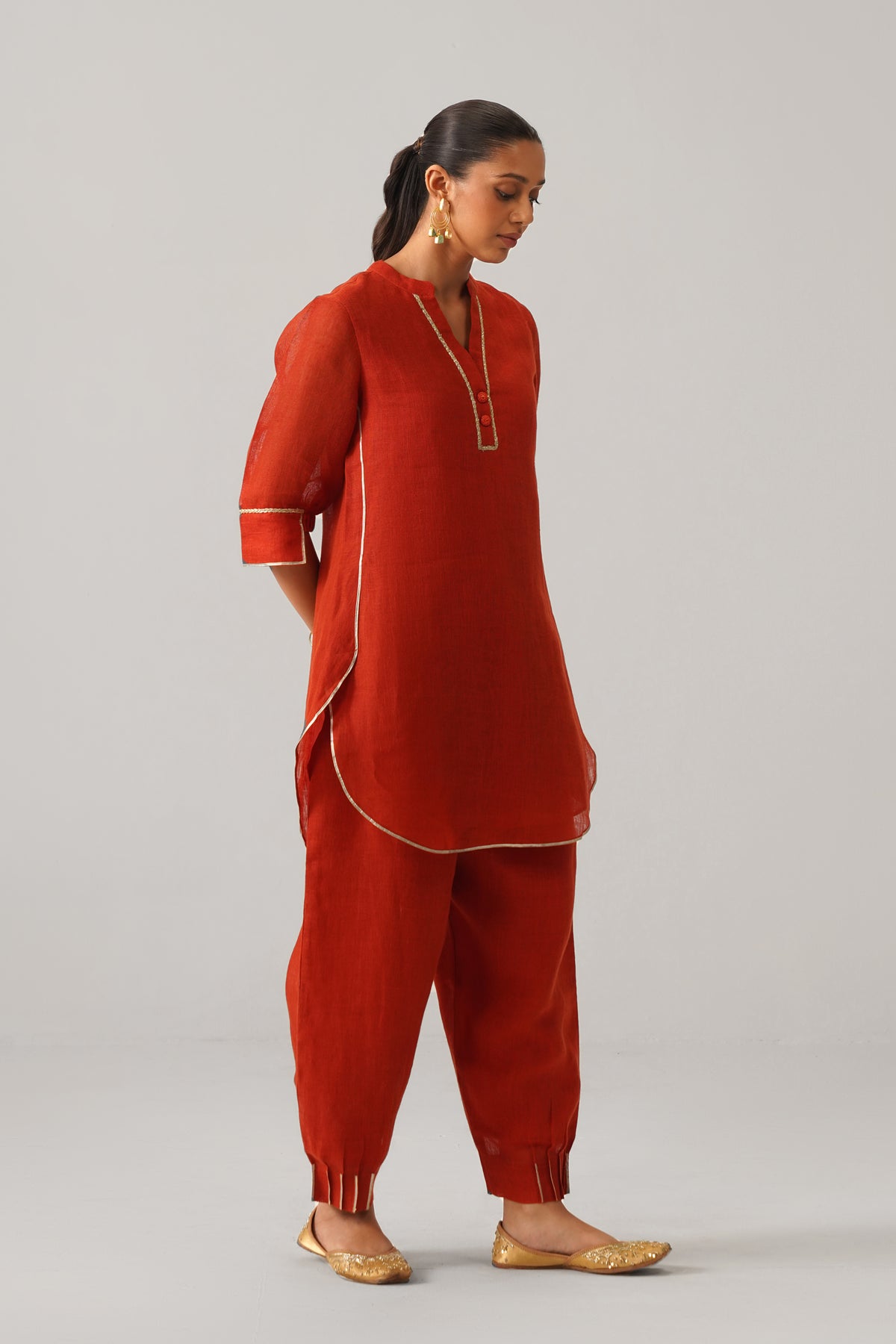 Patola Poise Burnt Orange Gauze Linen Kurta Set