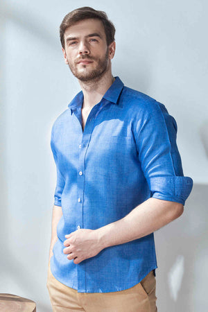 Extended Collar Linen Shirt - Denim Blue