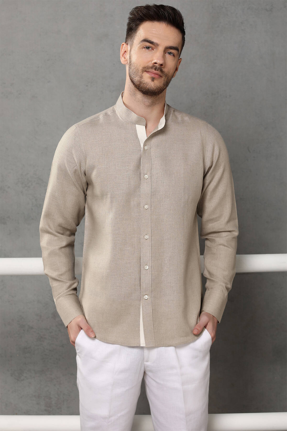Mandarin Collar Shirt | Beige Linen Shirt for Man