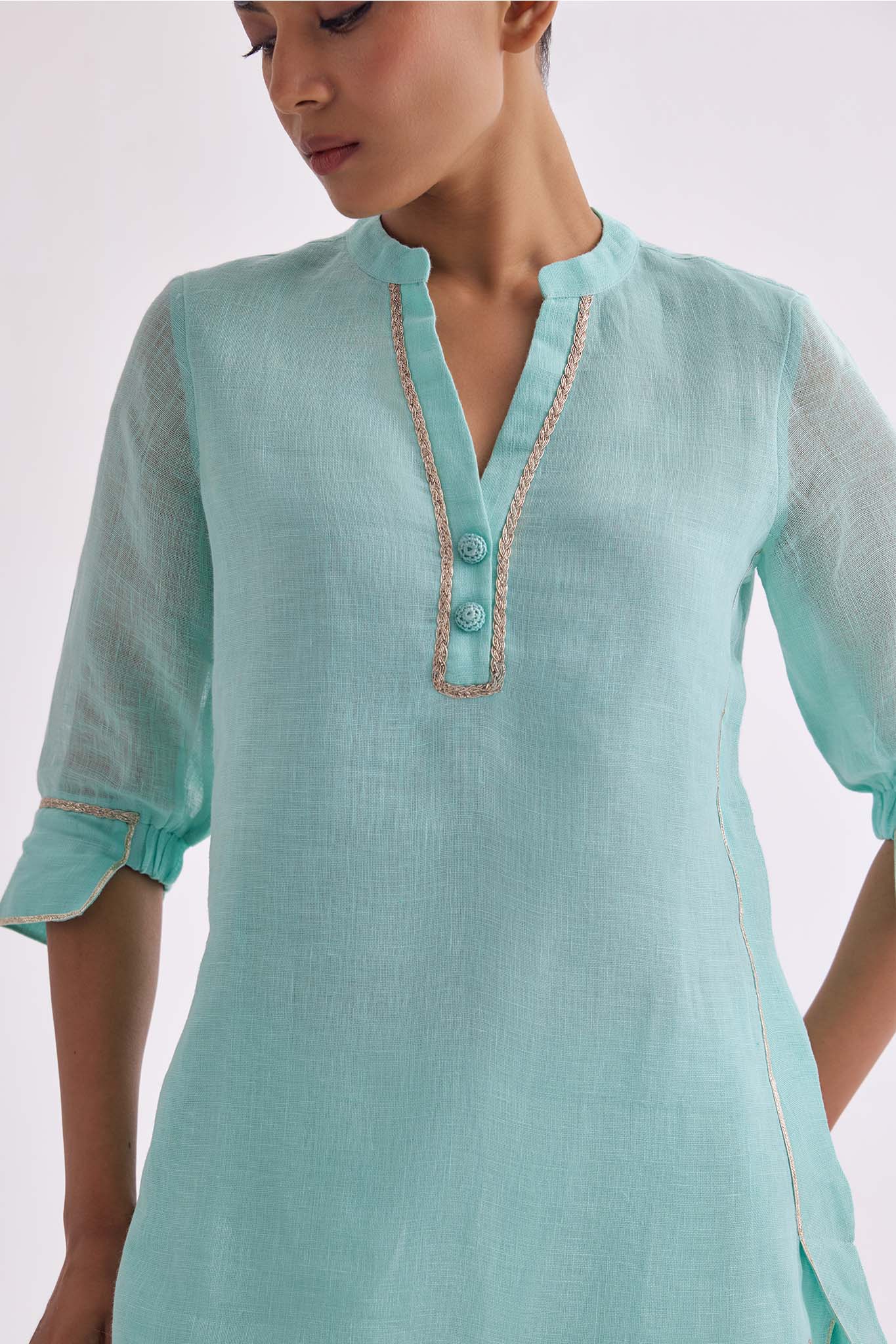 Patola Poise Linen Kurta Set - Aqua Blue