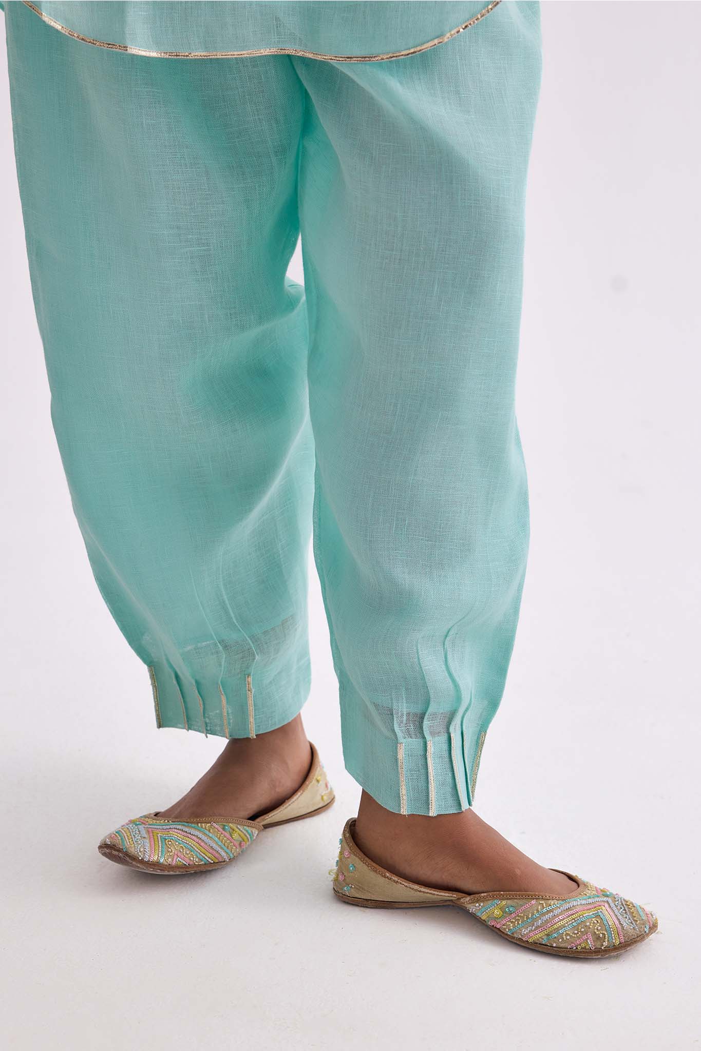 Patola Poise Linen Kurta Set - Aqua Blue