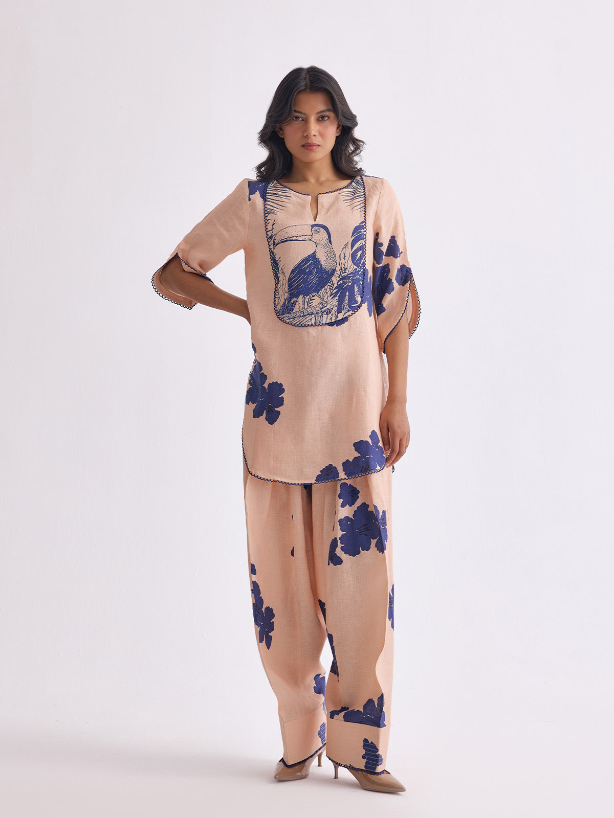 The Vanya Linen Kurta Set - Peach Print