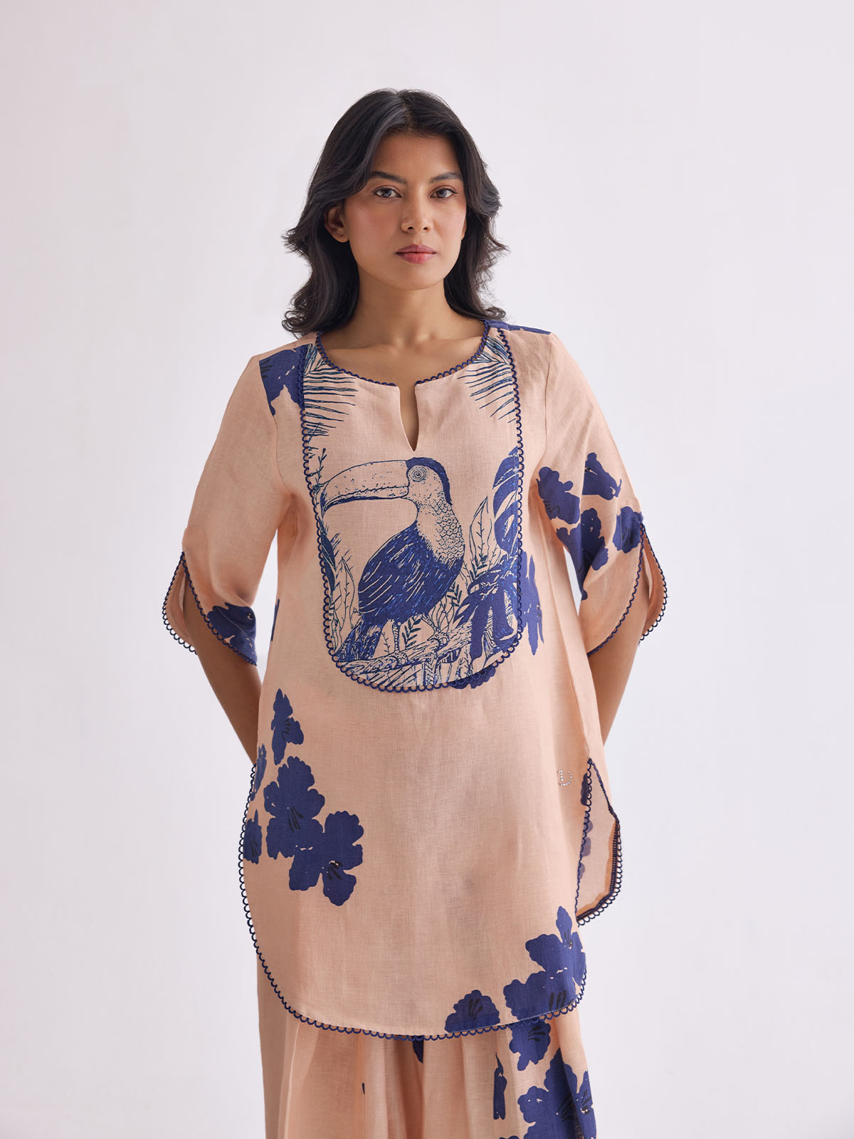 The Vanya Linen Kurta Set - Peach Print