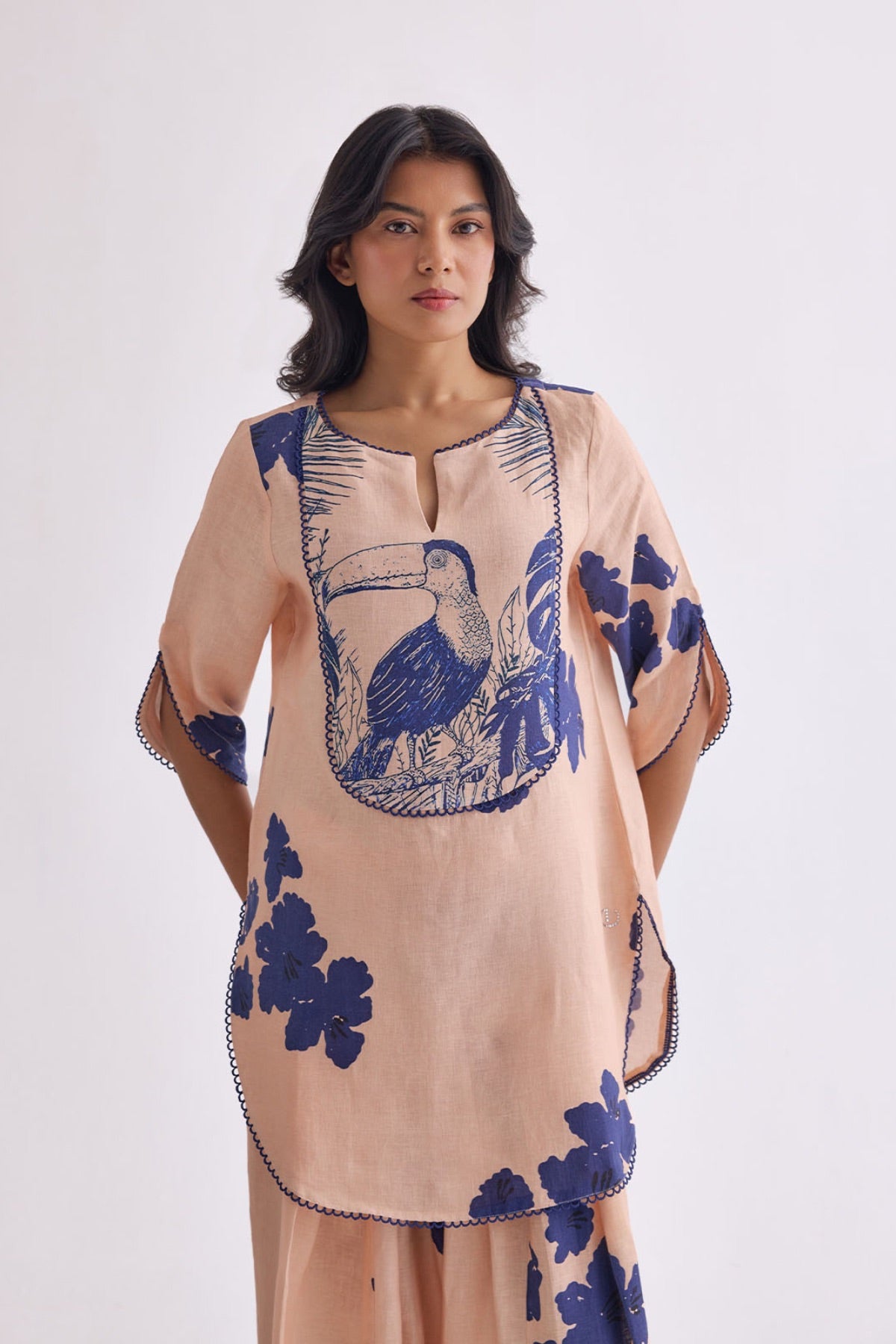 The Vanya Linen Kurta Set - Peach Print