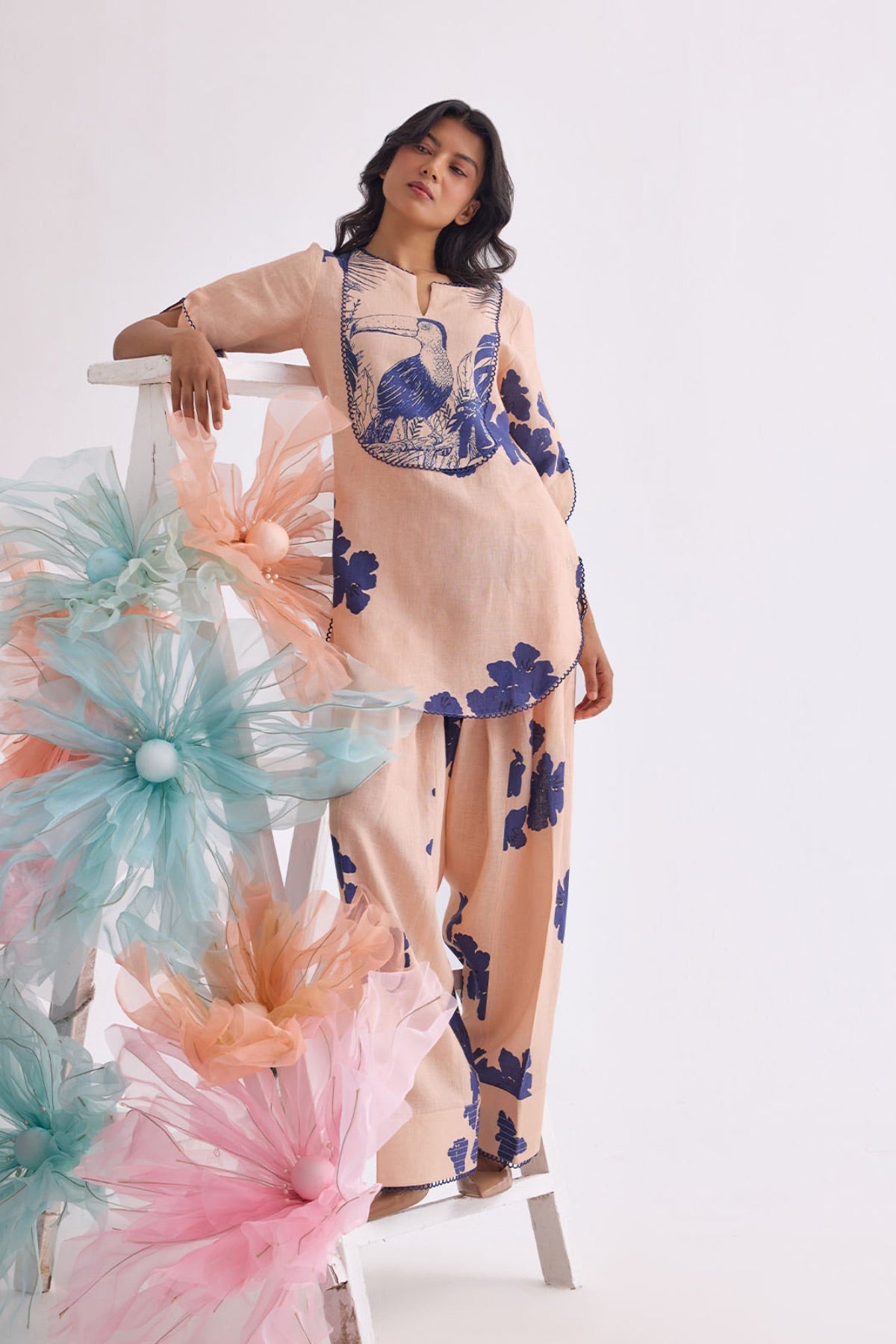 The Vanya Linen Kurta Set - Peach Print