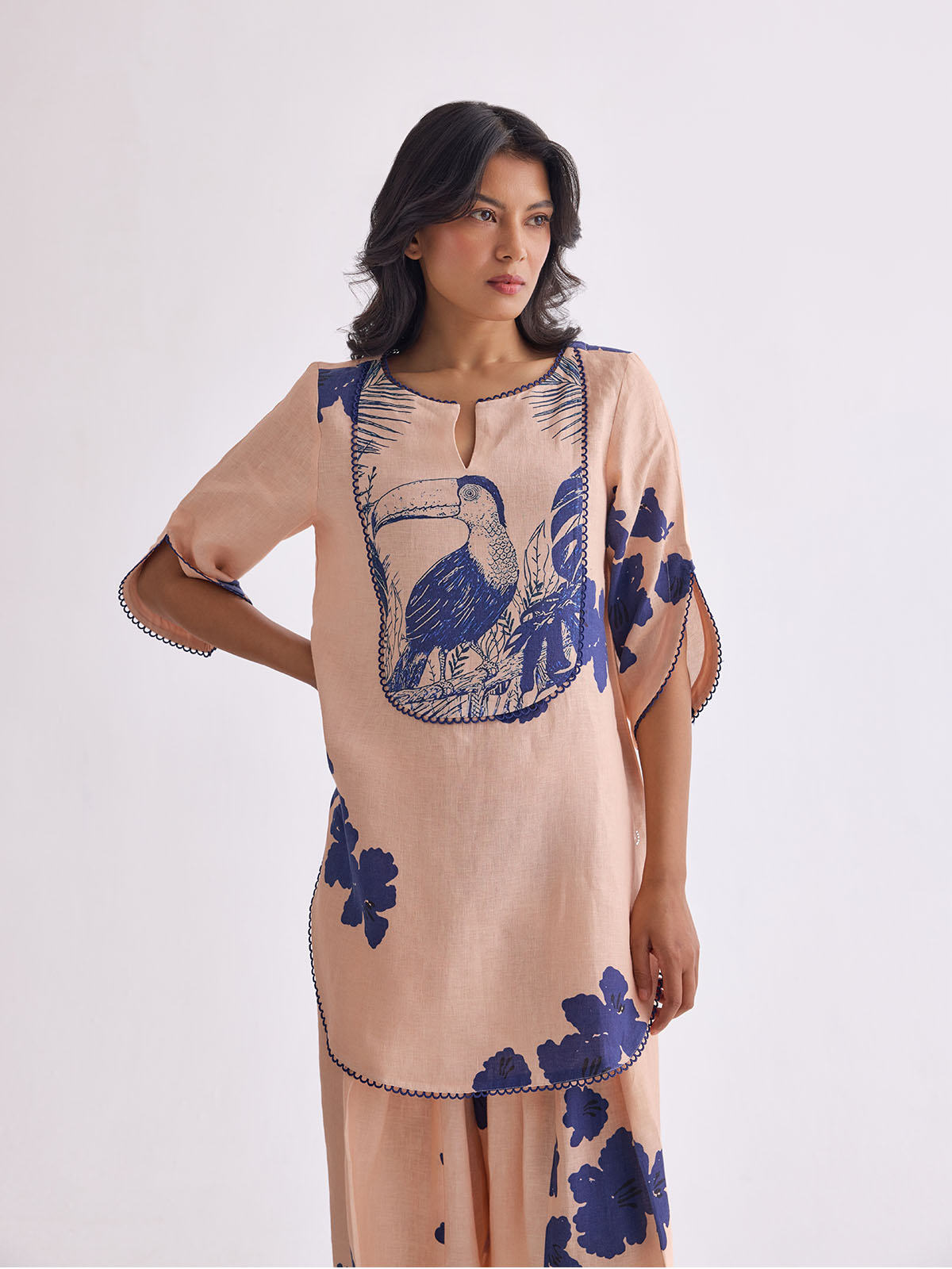 The Vanya Linen Kurta Set - Peach Print