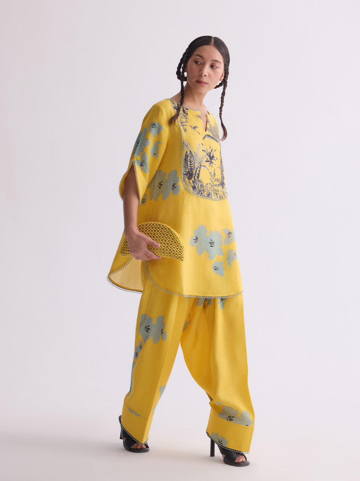The Vanya Linen Kurta Set - Yellow print