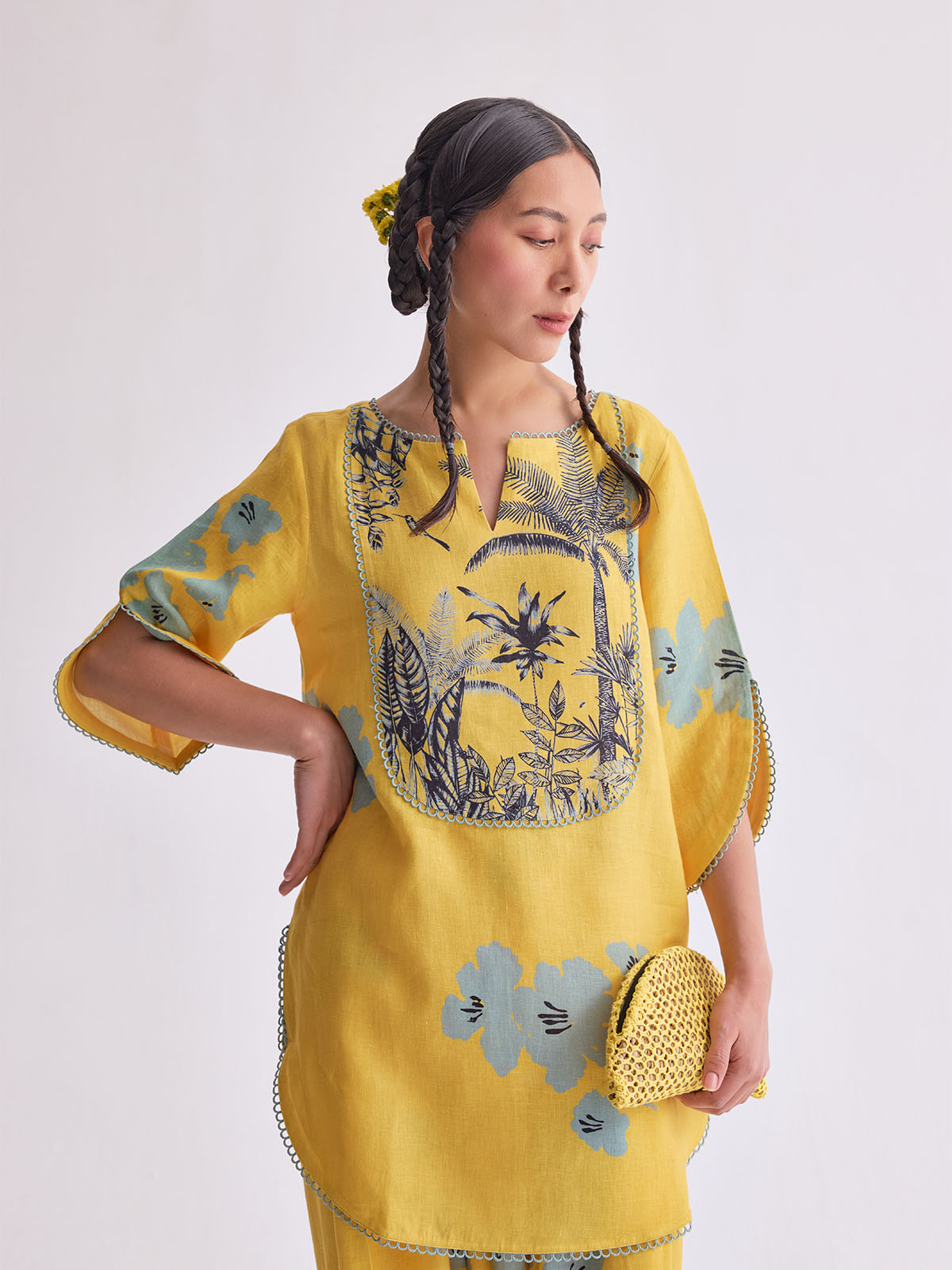 The Vanya Linen Kurta Set - Yellow print