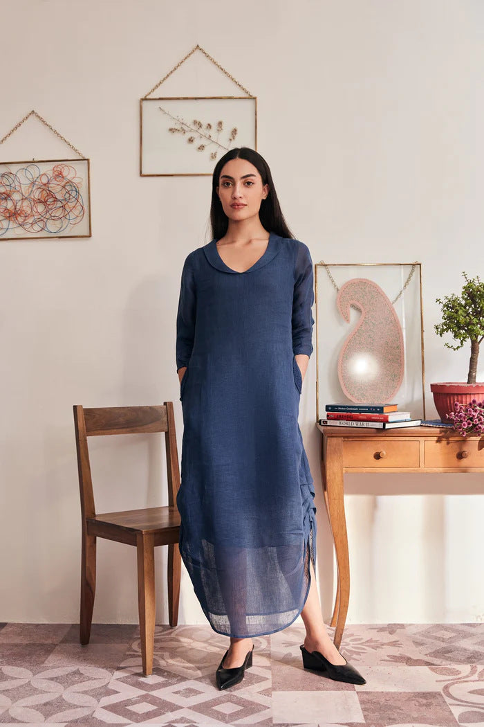 The Iris Navy Blue Linen Dress