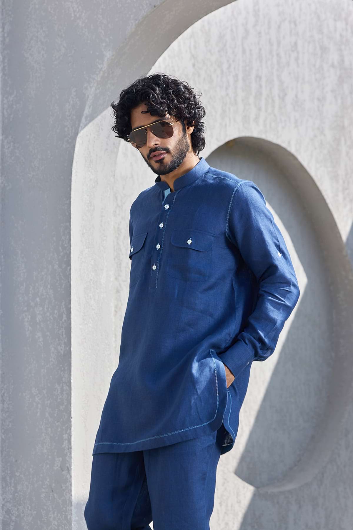 The Fursat Legacy Blue Linen Kurta