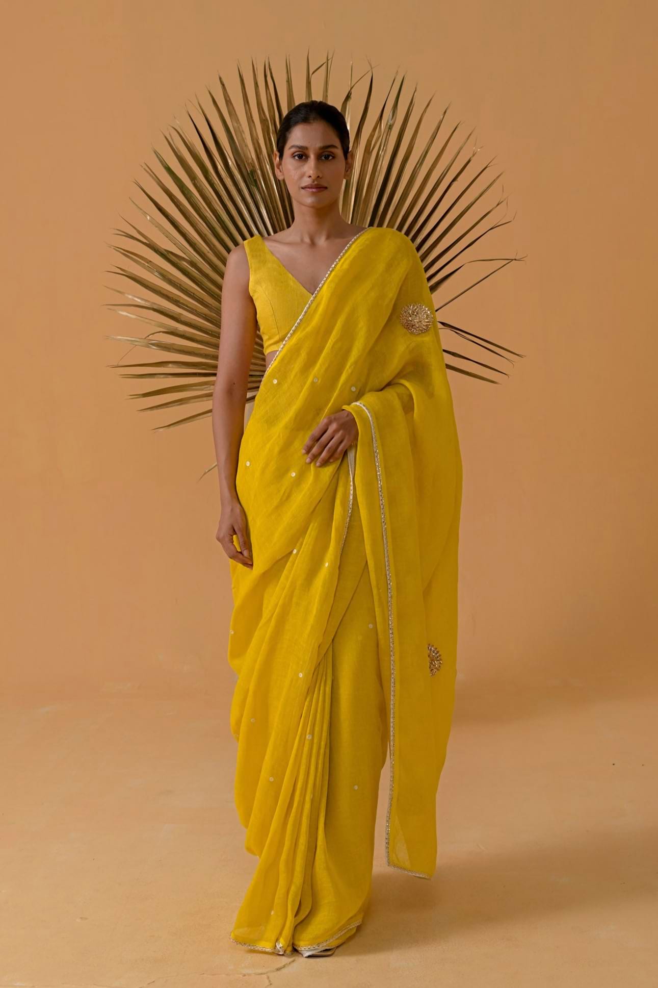 Sitara Sparkle Mustard Gauze Linen Saree