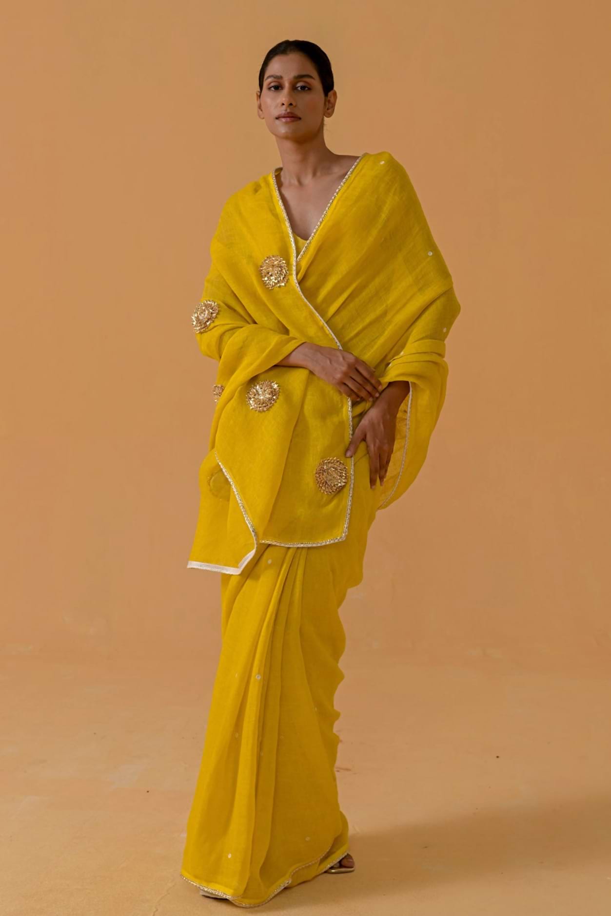 Sitara Sparkle Mustard Gauze Linen Saree