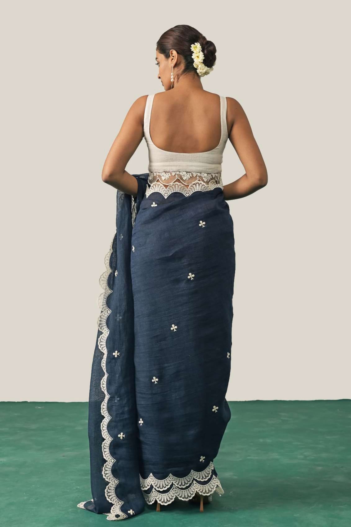 The Queen of Clubs Navy Blue Linen Saree