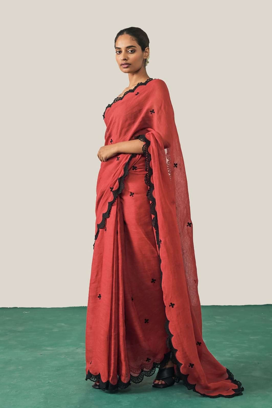 The Queen of Clubs Red Linen Saree