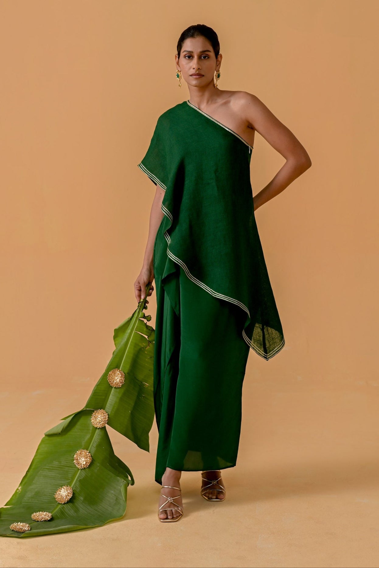 Draped Dilkashi Top and Skirt Set - Bottle Green