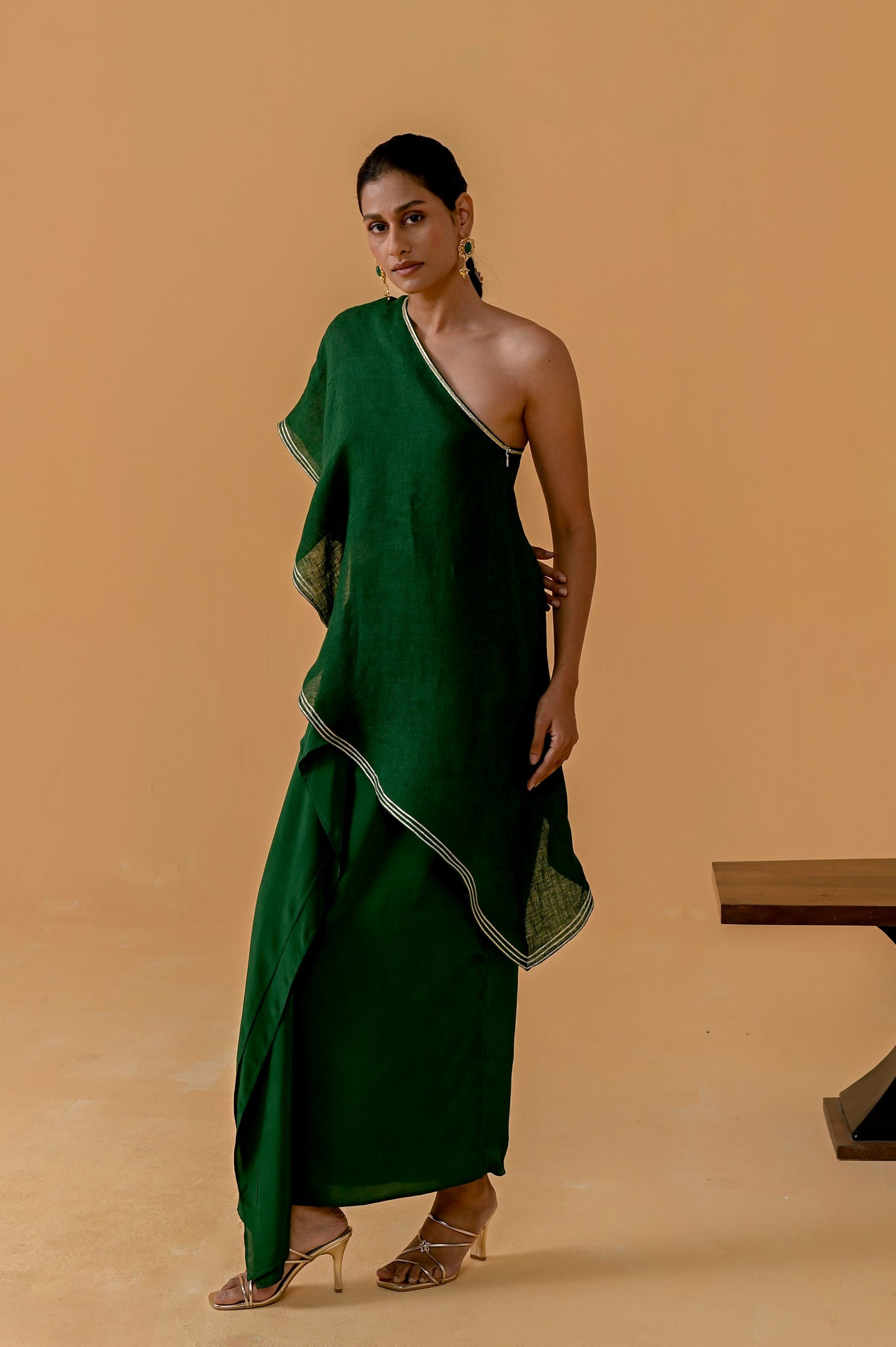 Draped Dilkashi Top and Skirt Set - Bottle Green