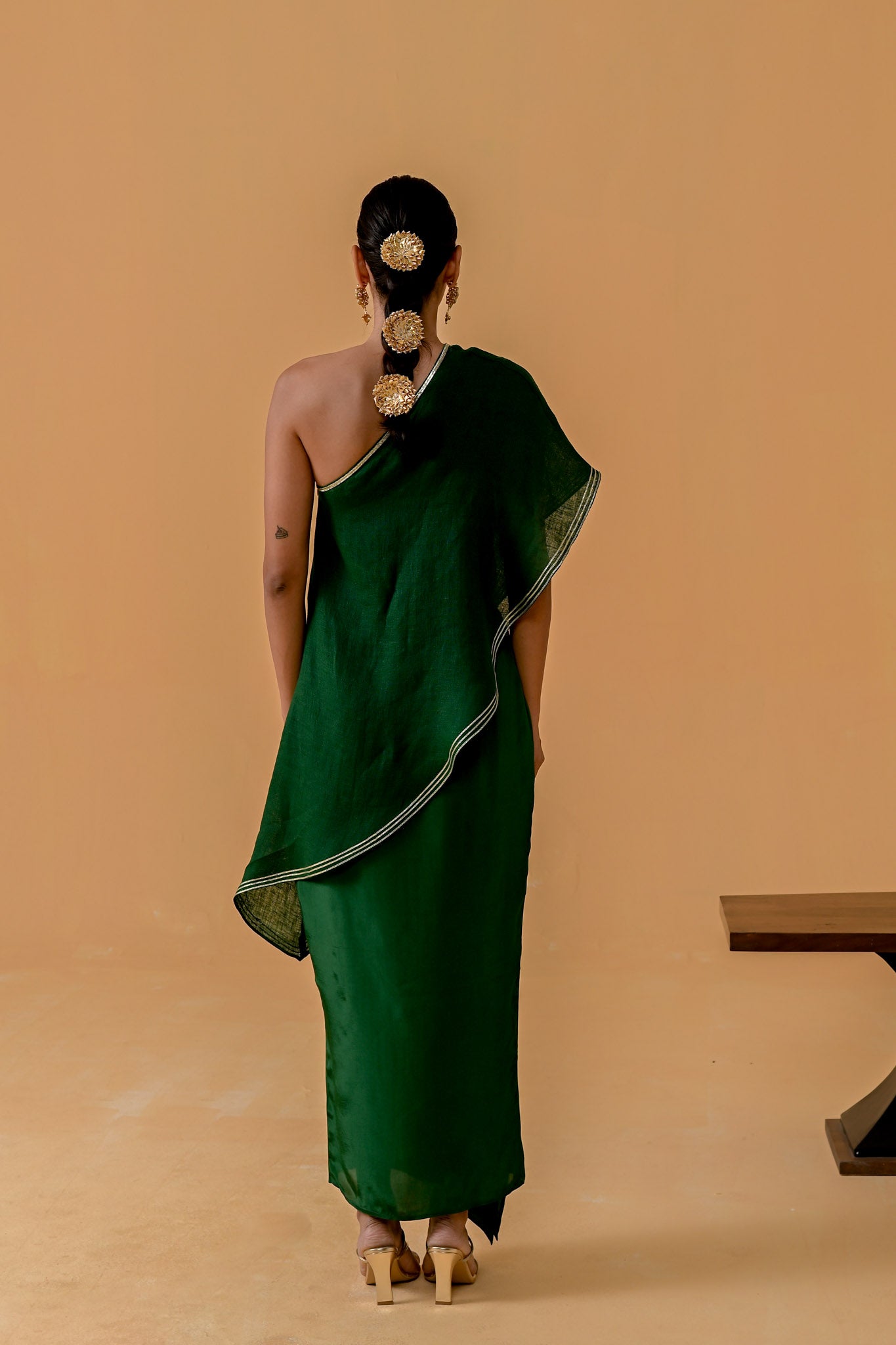 Draped Dilkashi Top and Skirt Set - Bottle Green
