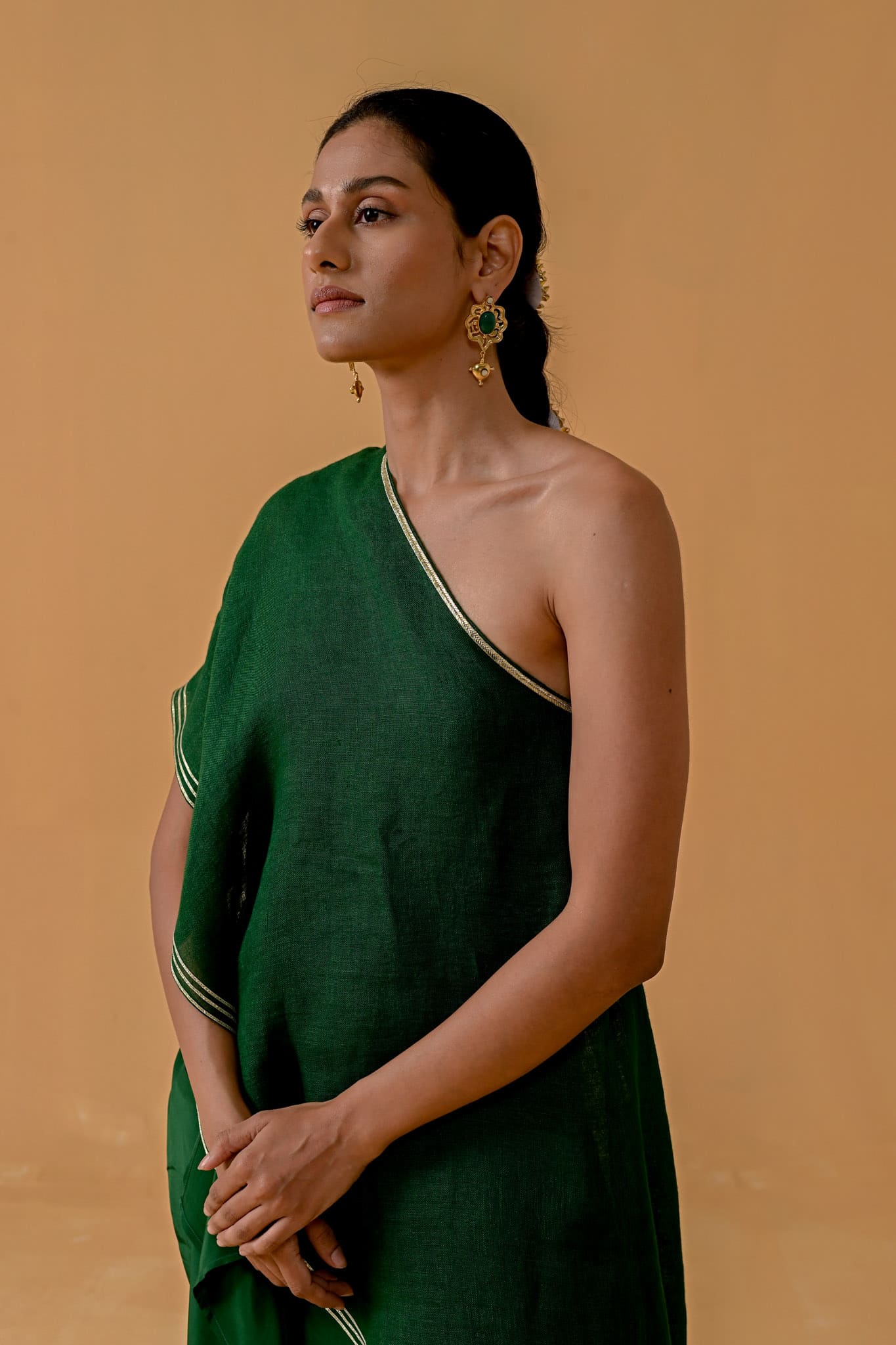 Draped Dilkashi Top and Skirt Set - Bottle Green