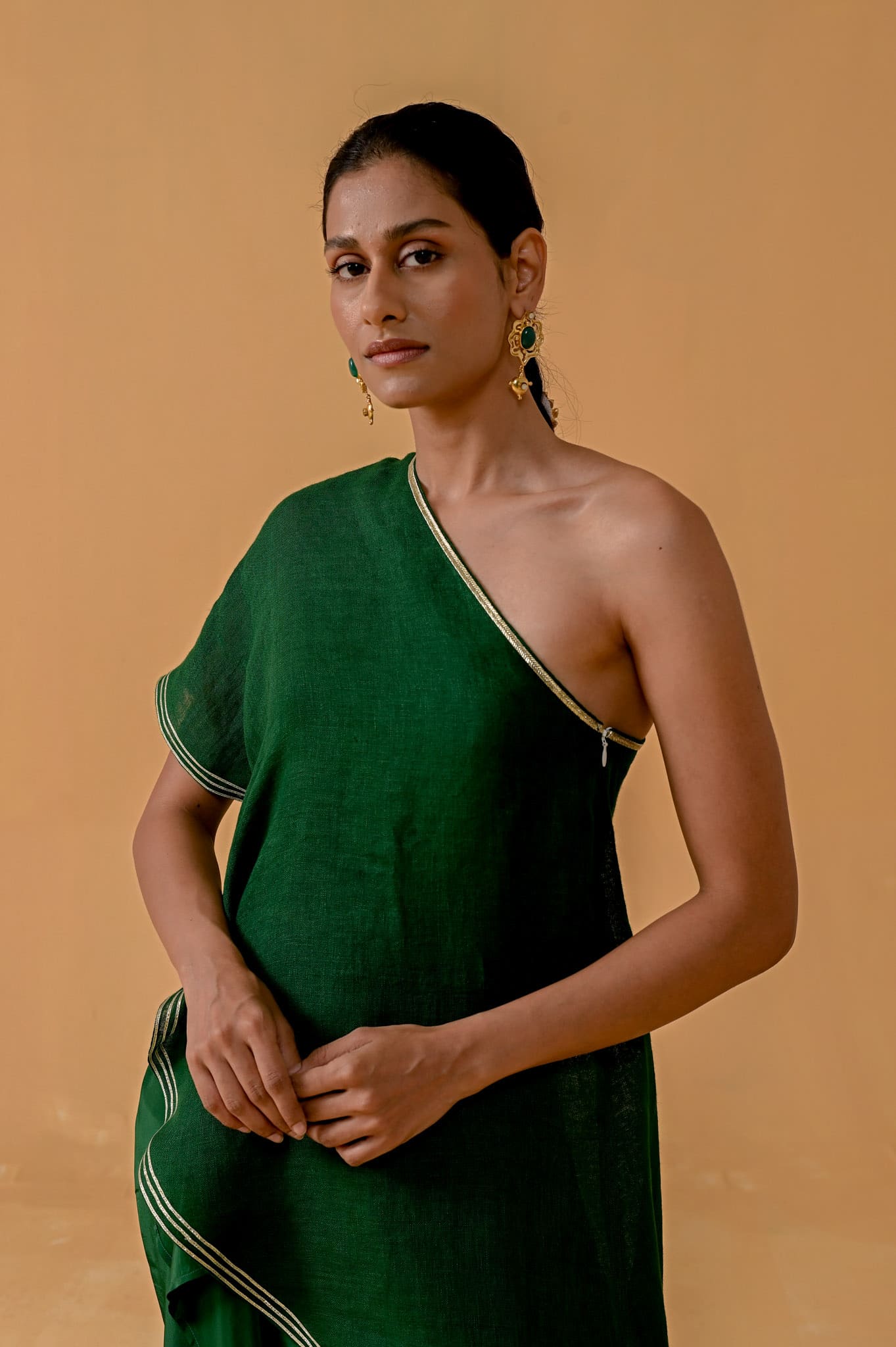 Draped Dilkashi Top and Skirt Set - Bottle Green