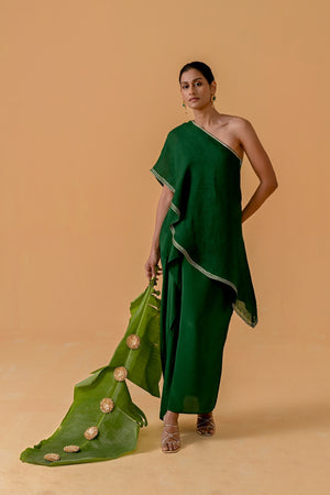 Draped Dilkashi Top and Skirt Set - Bottle Green
