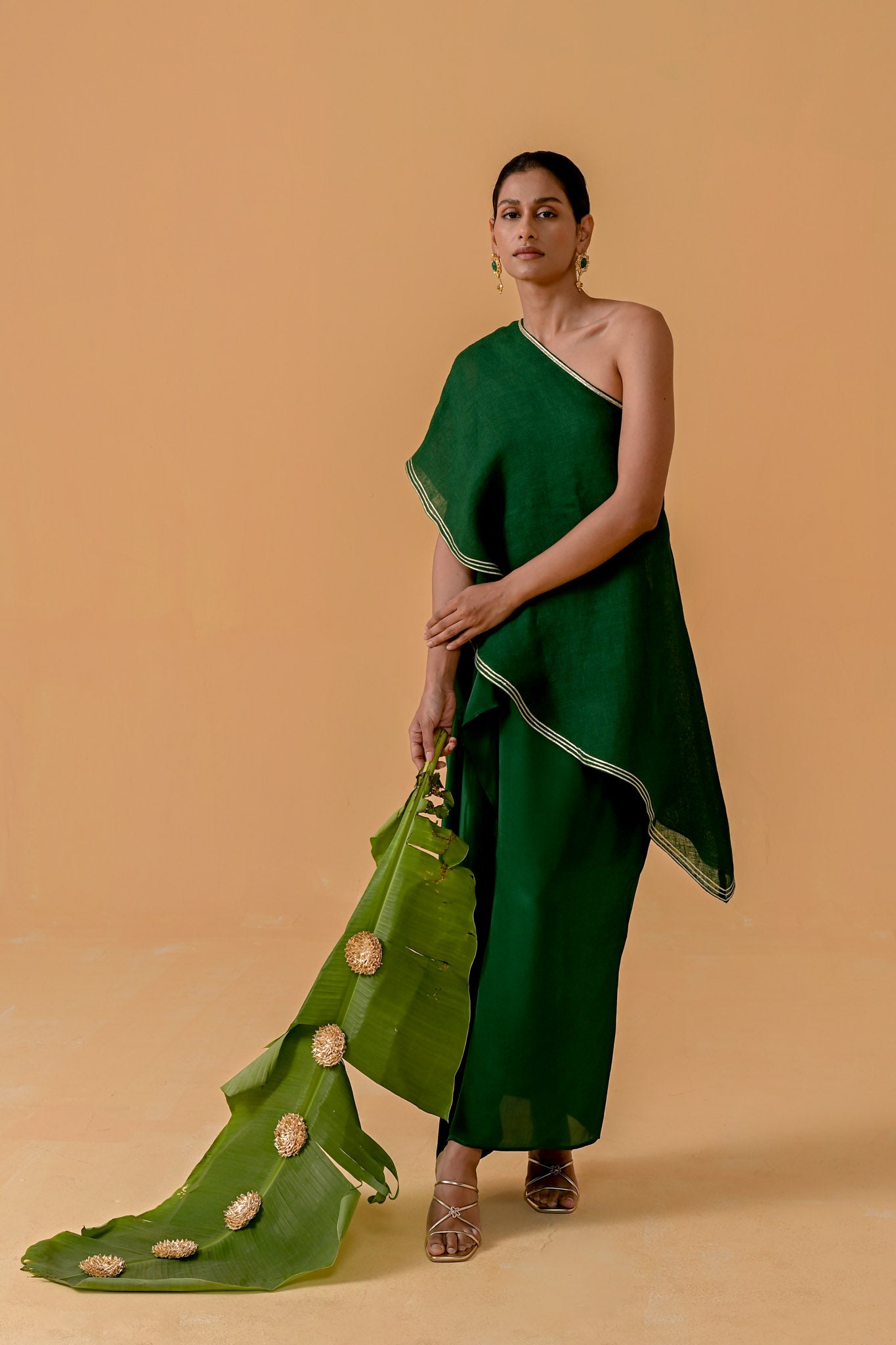 Draped Dilkashi Top and Skirt Set - Bottle Green