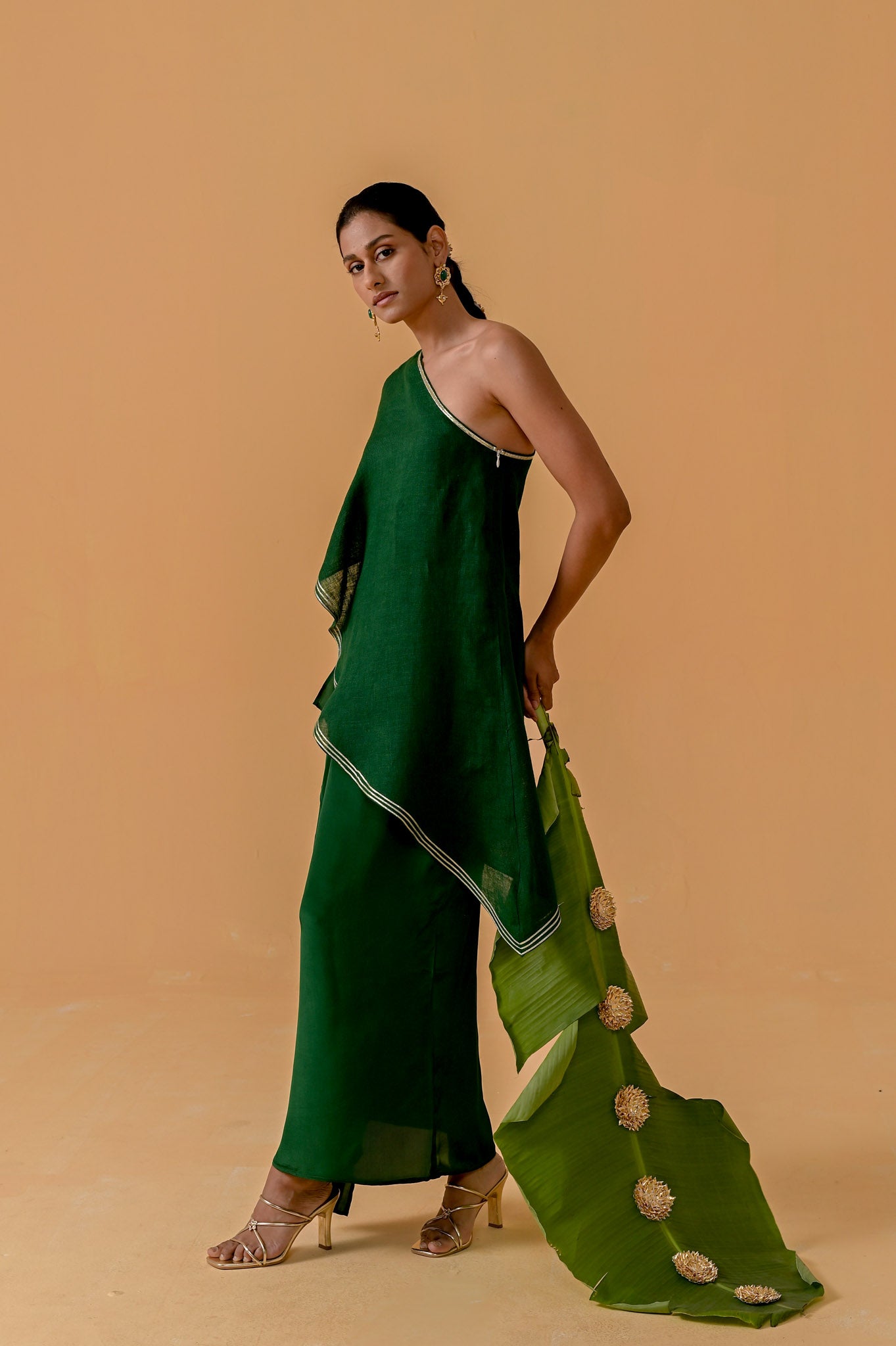 Draped Dilkashi Top and Skirt Set - Bottle Green