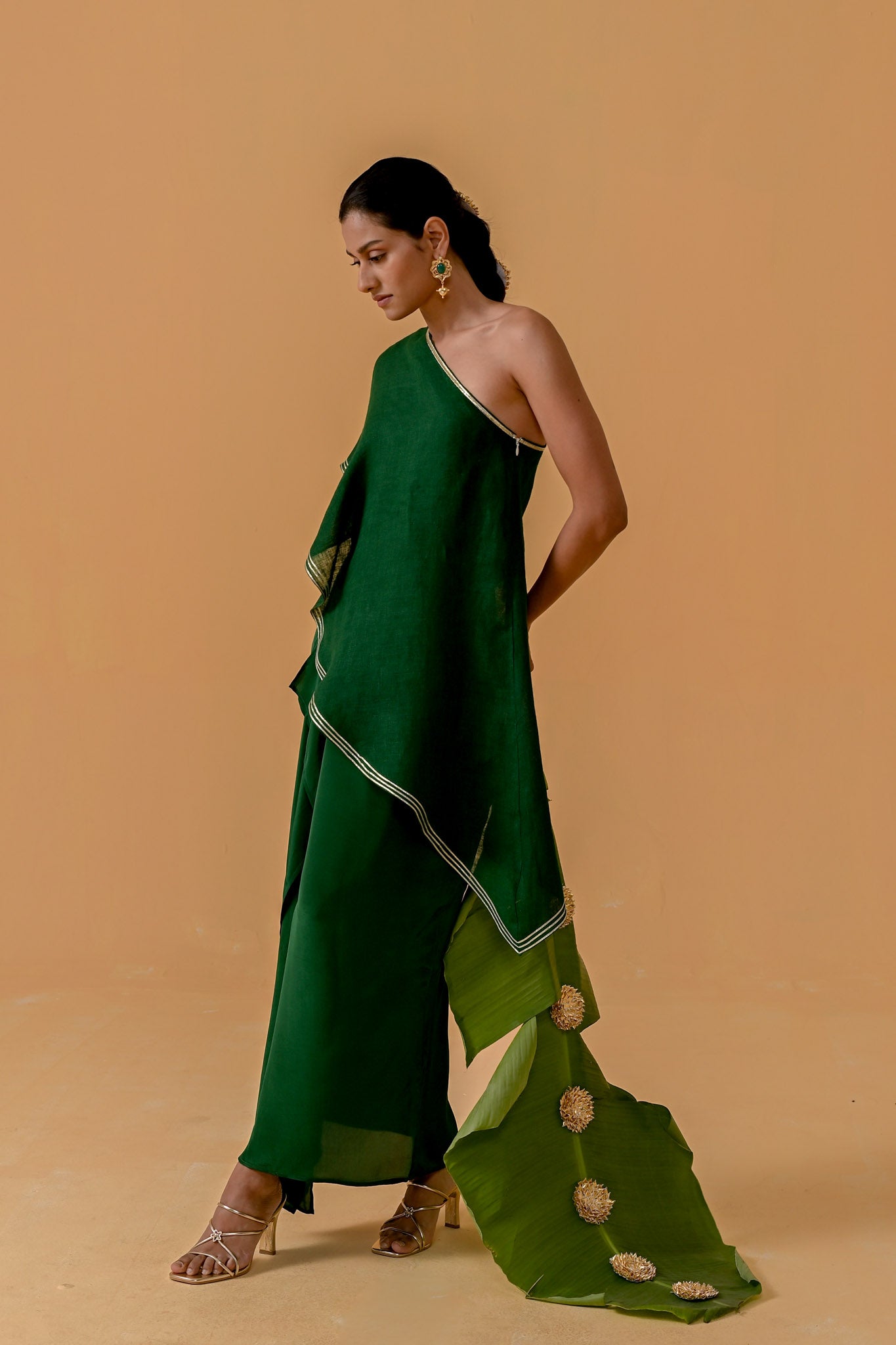 Draped Dilkashi Top and Skirt Set - Bottle Green