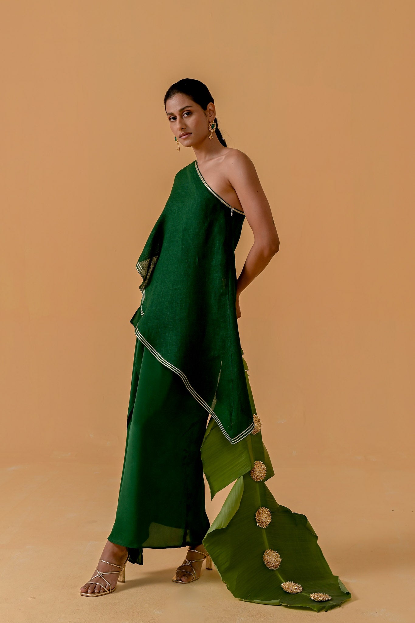 Draped Dilkashi Top and Skirt Set - Bottle Green