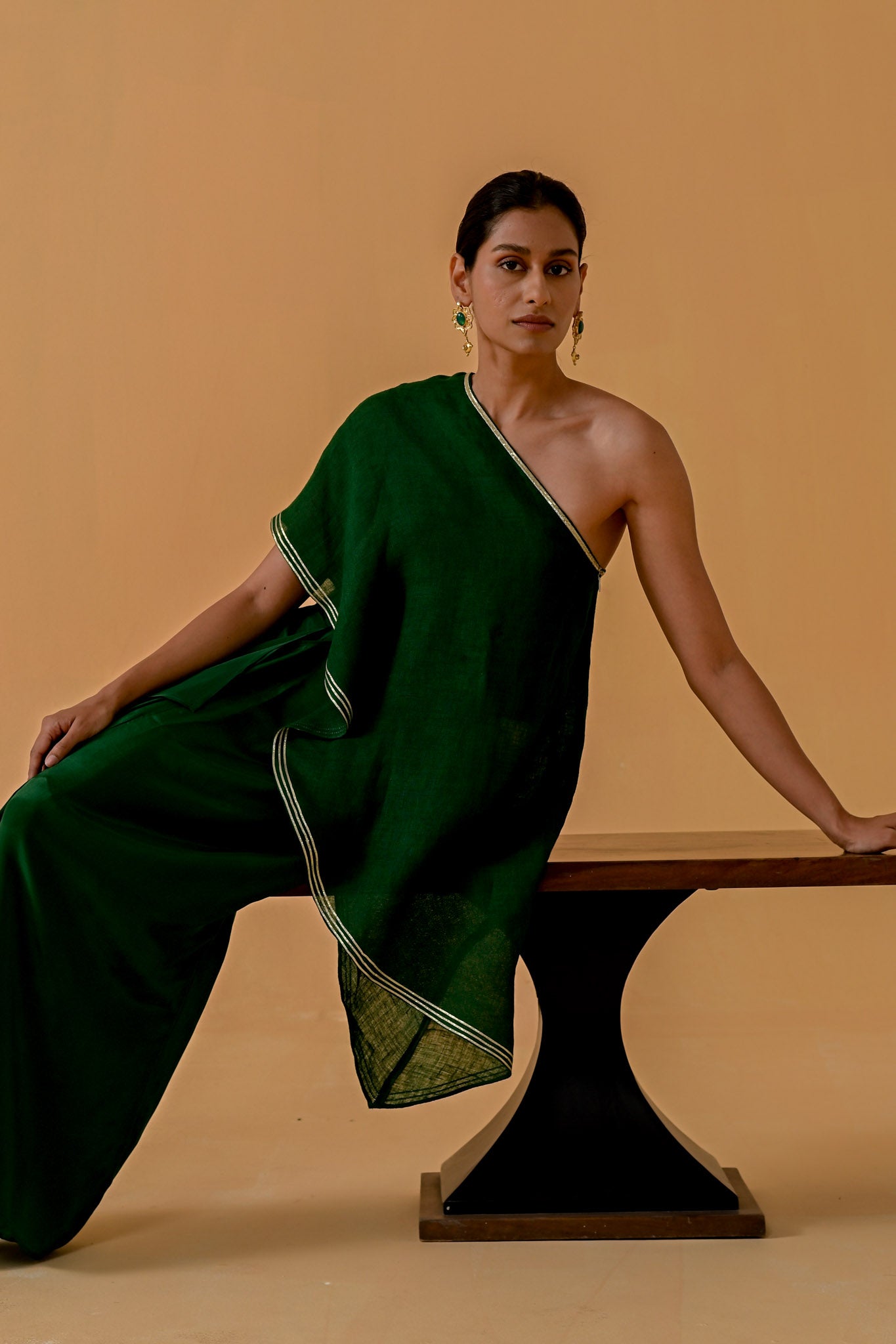 Draped Dilkashi Top and Skirt Set - Bottle Green