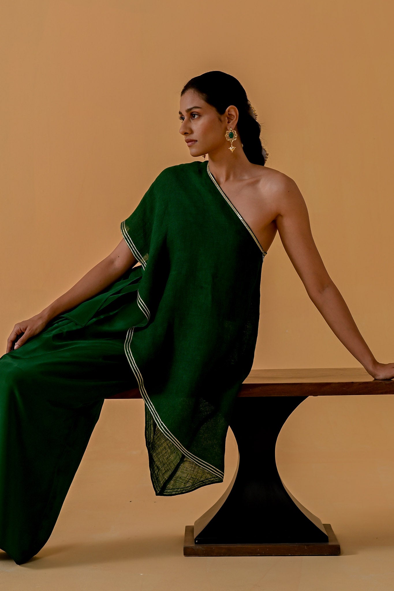 Draped Dilkashi Top and Skirt Set - Bottle Green