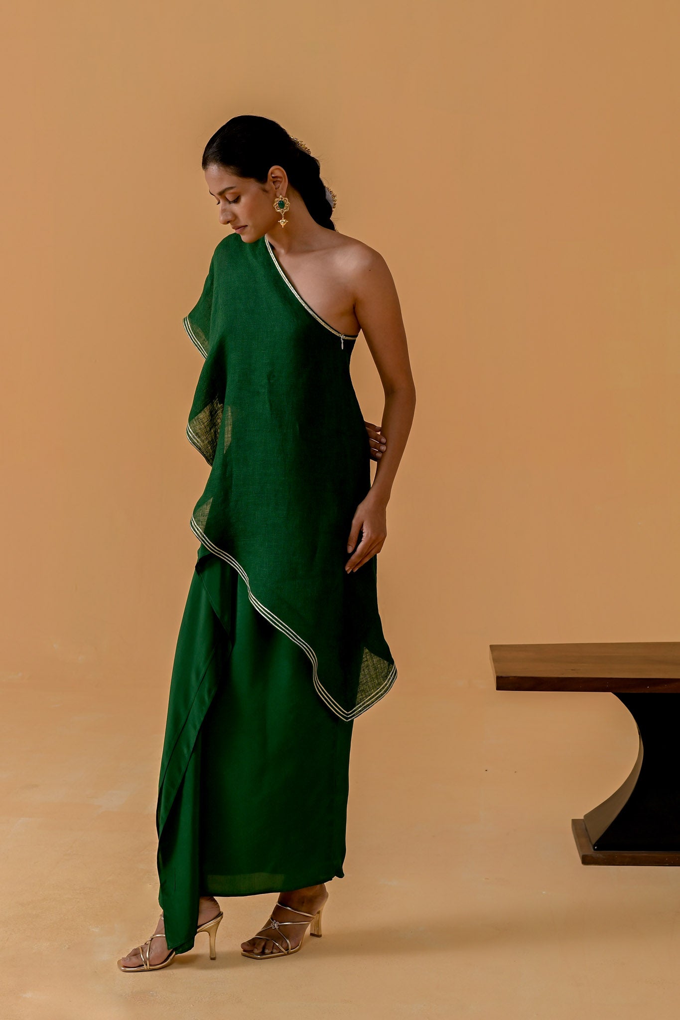 Draped Dilkashi Top and Skirt Set - Bottle Green