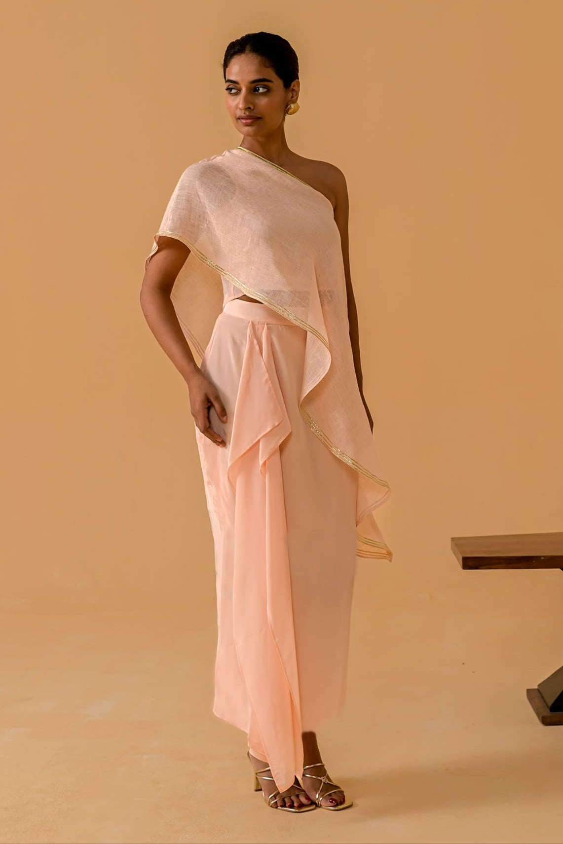 Draped Dilkashi Top and Skirt Set - Peach