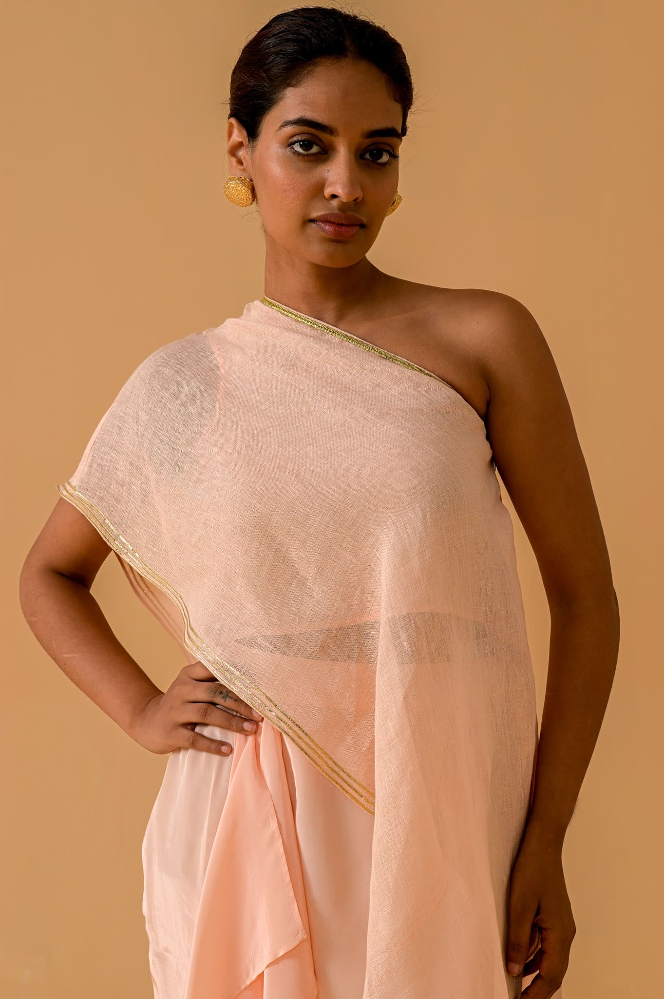 Draped Dilkashi Top and Skirt Set - Peach