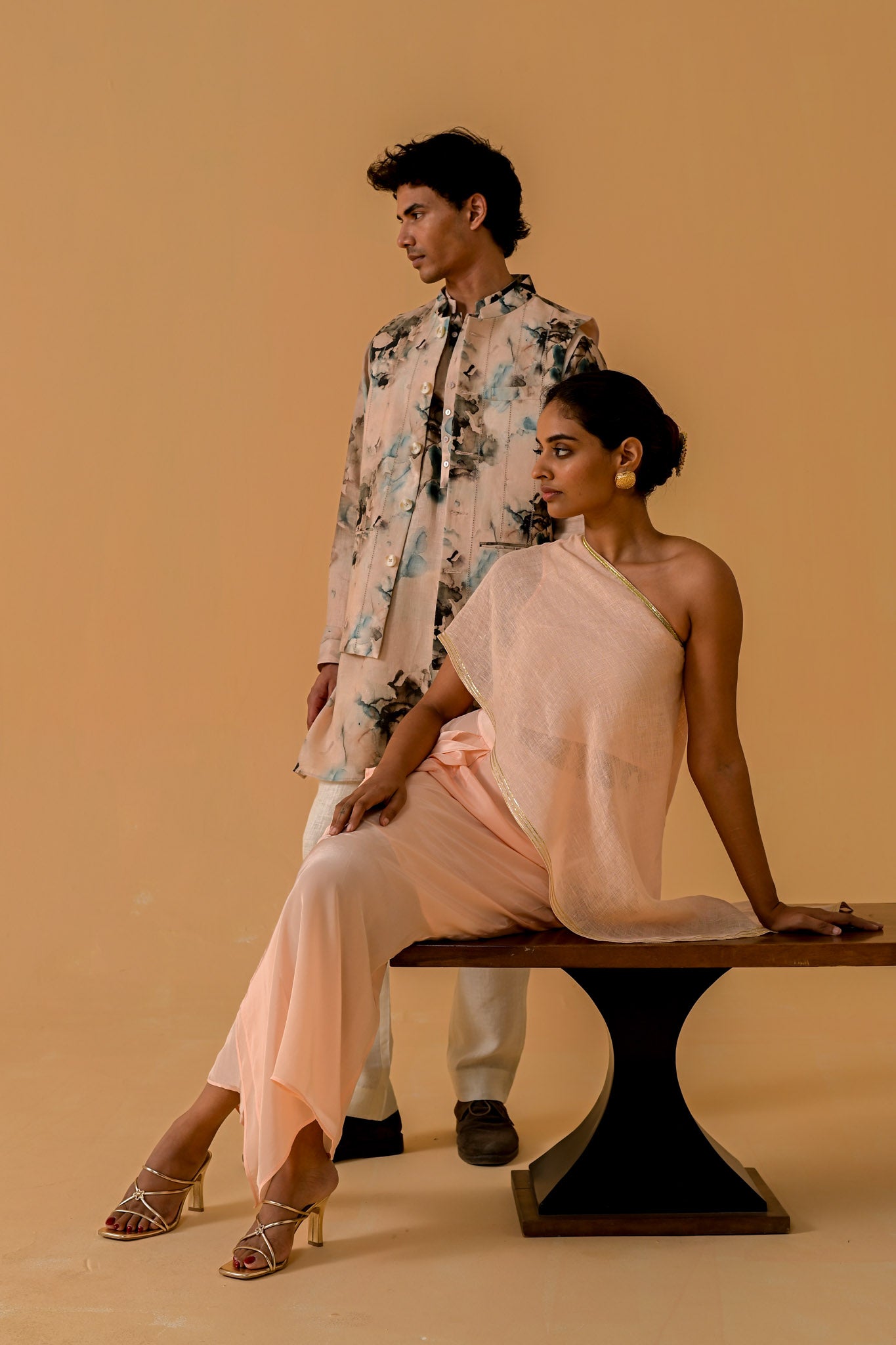 Draped Dilkashi Top and Skirt Set - Peach