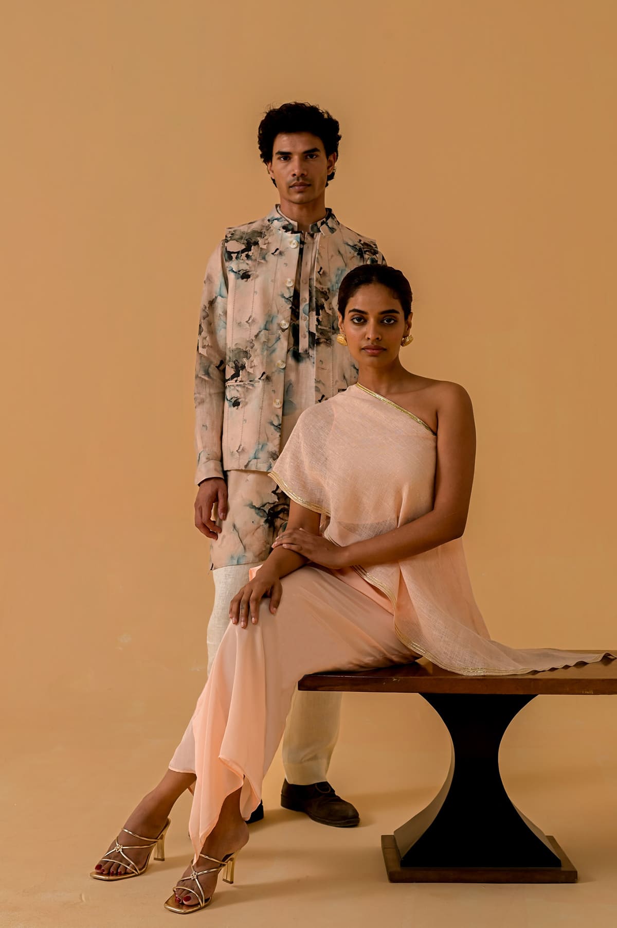 Draped Dilkashi Top and Skirt Set - Peach