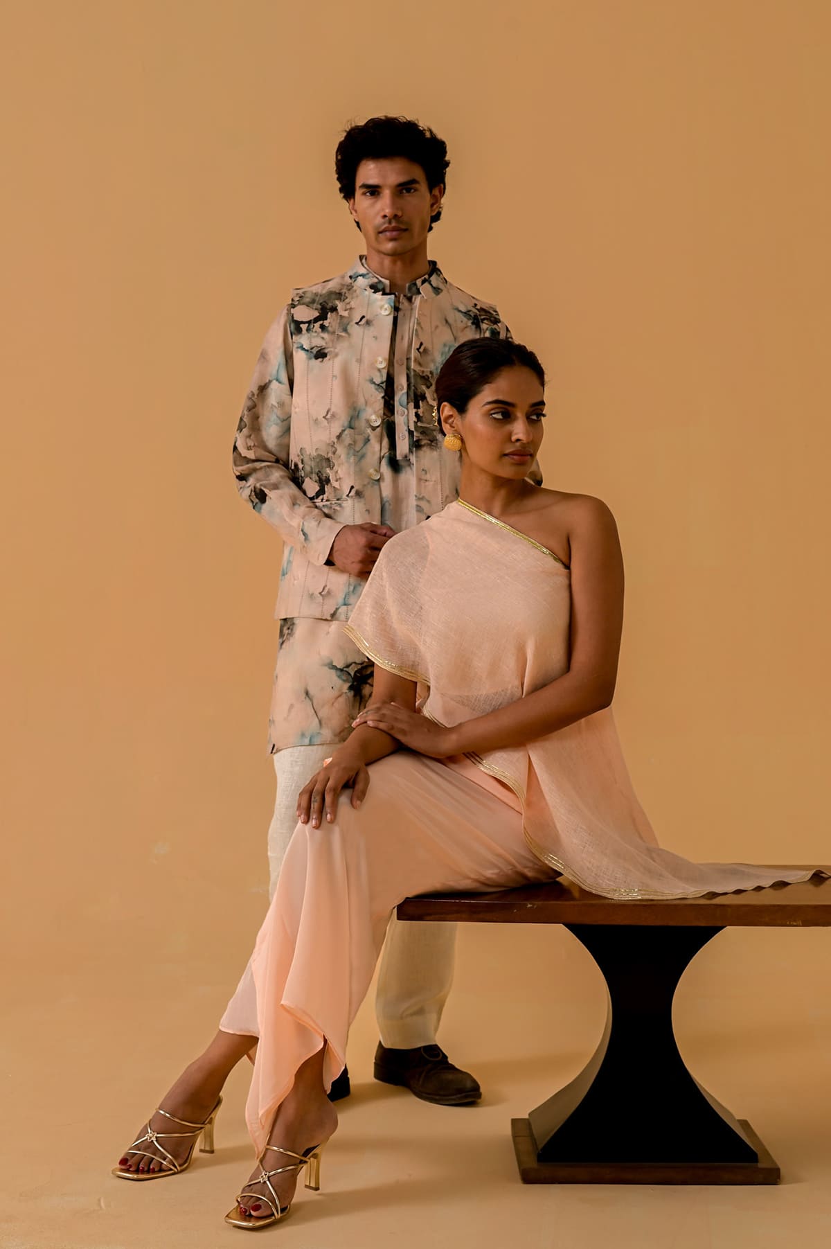 Draped Dilkashi Top and Skirt Set - Peach