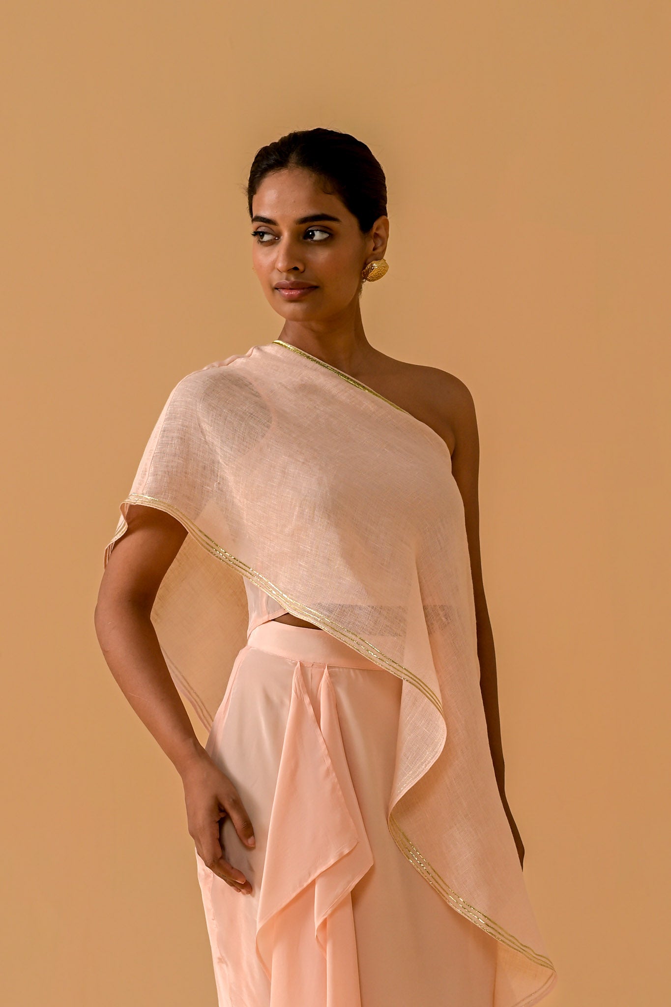 Draped Dilkashi Top and Skirt Set - Peach