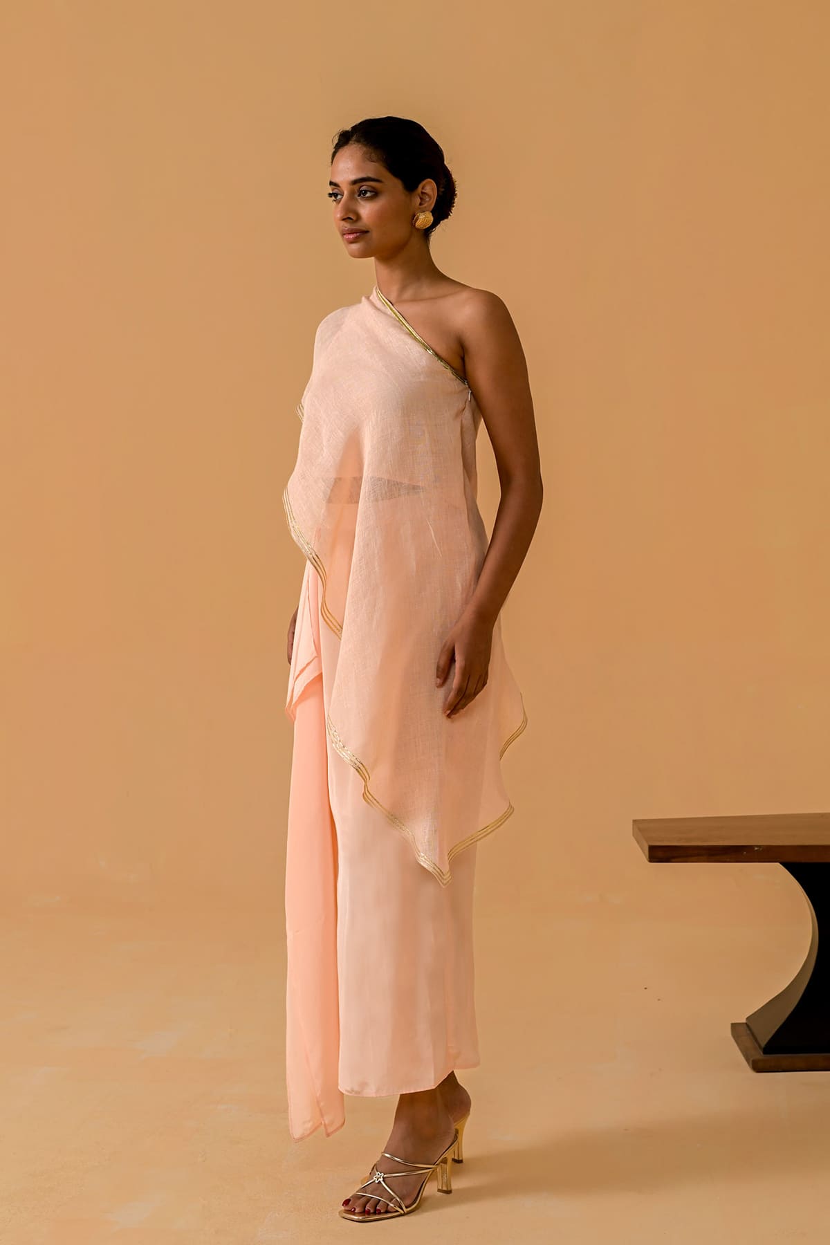 Draped Dilkashi Top and Skirt Set - Peach