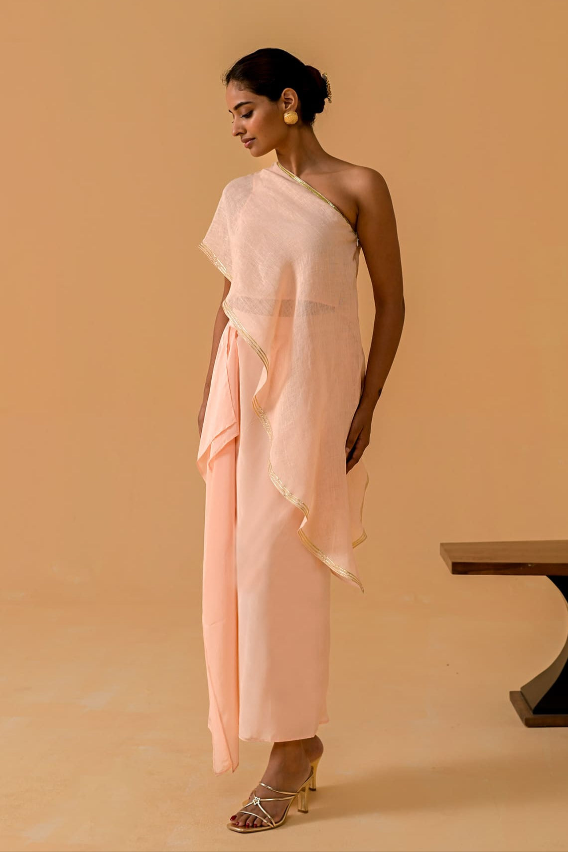 Draped Dilkashi Top and Skirt Set - Peach