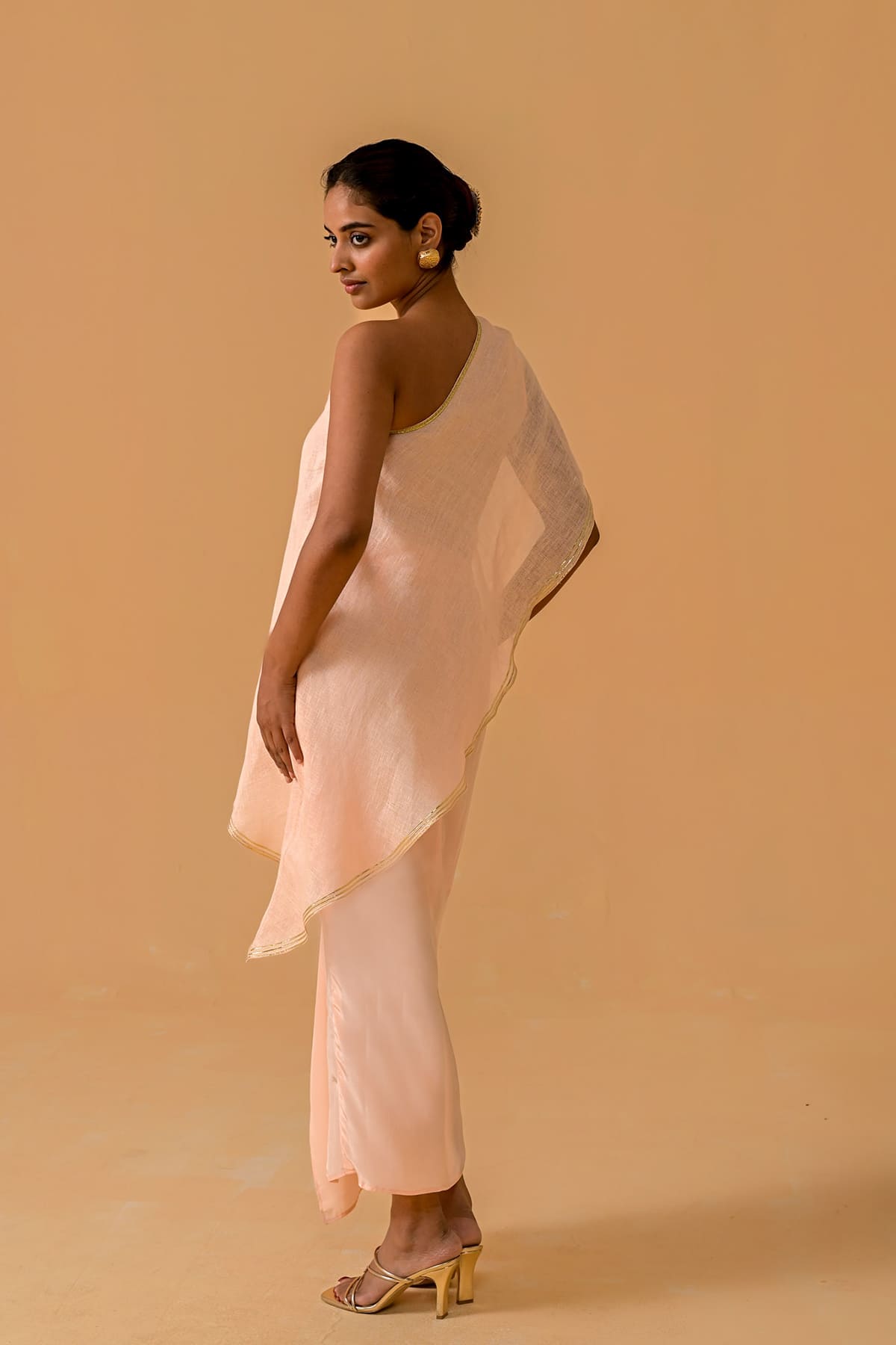 Draped Dilkashi Top and Skirt Set - Peach