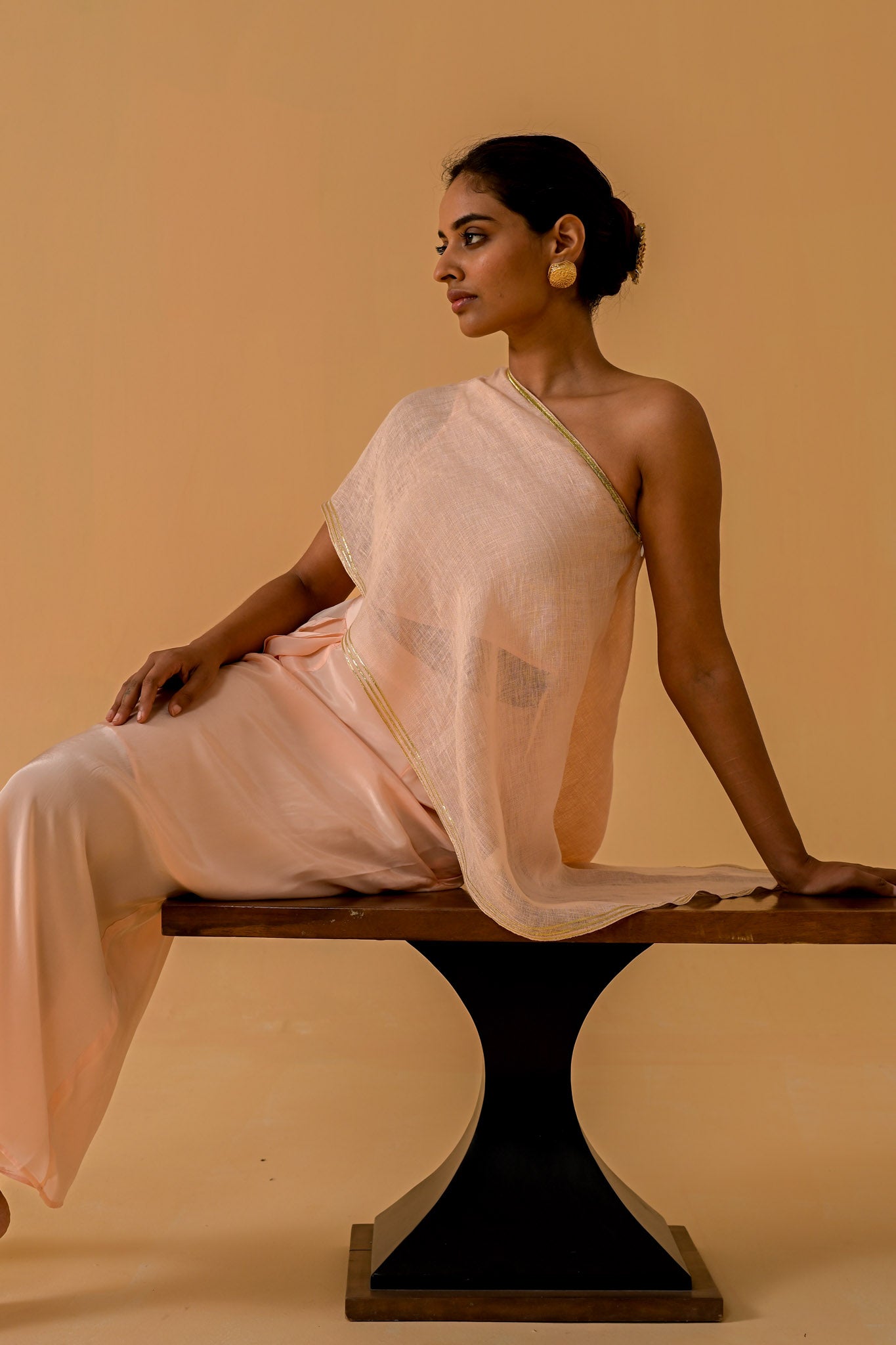 Draped Dilkashi Top and Skirt Set - Peach